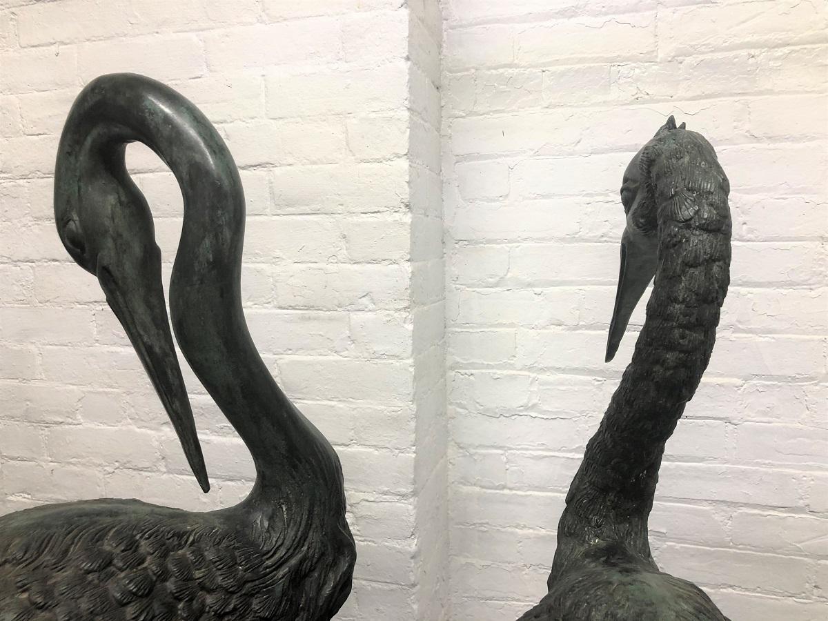 Pair of Vintage Tall Bronze Standing Sculptural Cranes In Good Condition For Sale In New York, NY