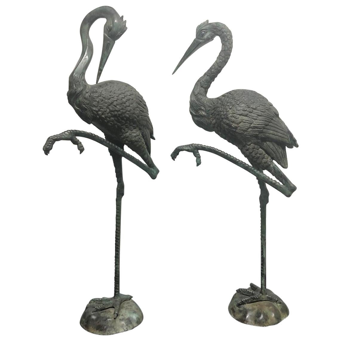 Pair of Vintage Tall Bronze Standing Sculptural Cranes For Sale
