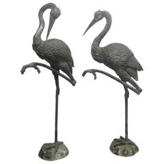 Pair of Vintage Tall Bronze Standing Sculptural Cranes