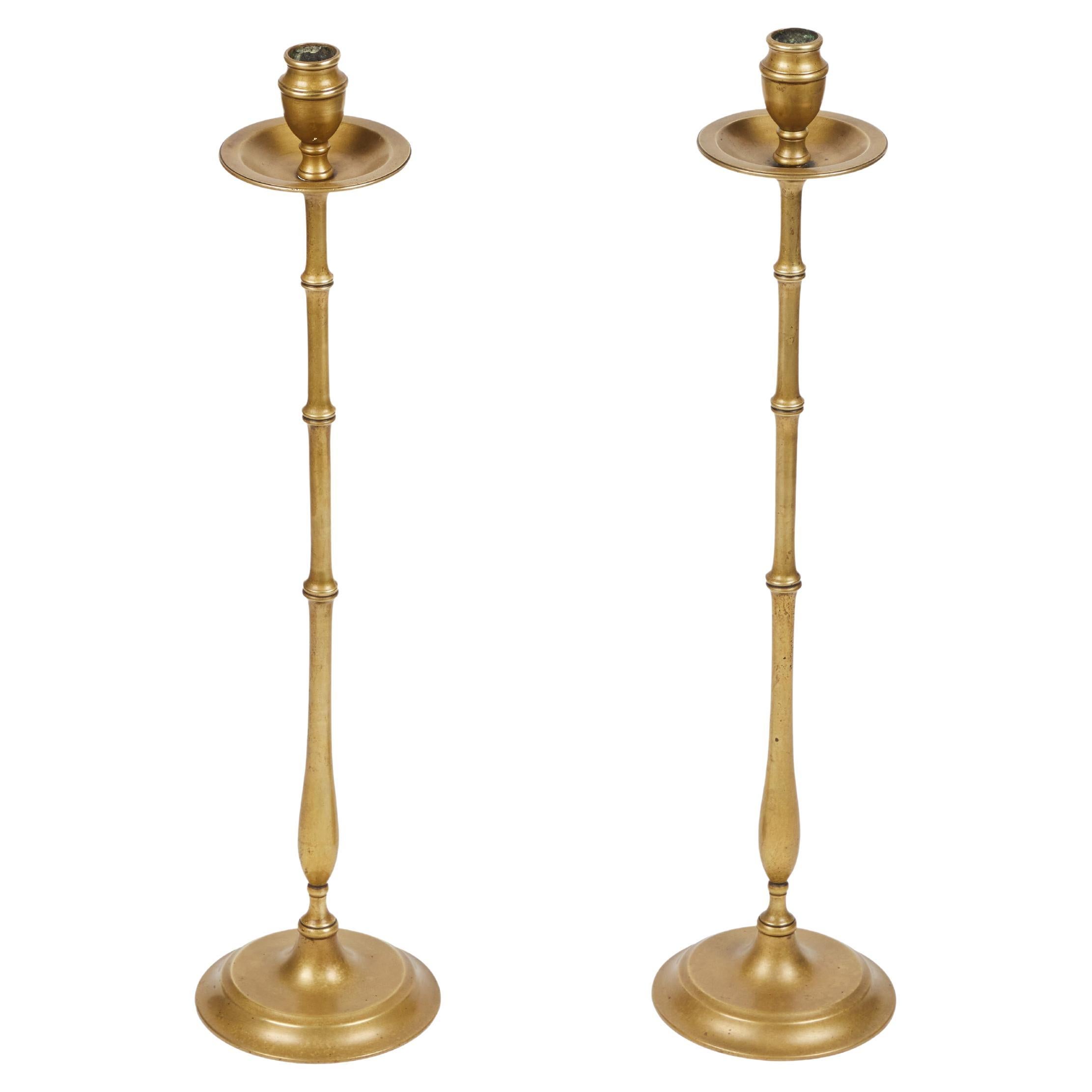Pair of Vintage Tall Faux Bamboo Brass Candlesticks, England  For Sale