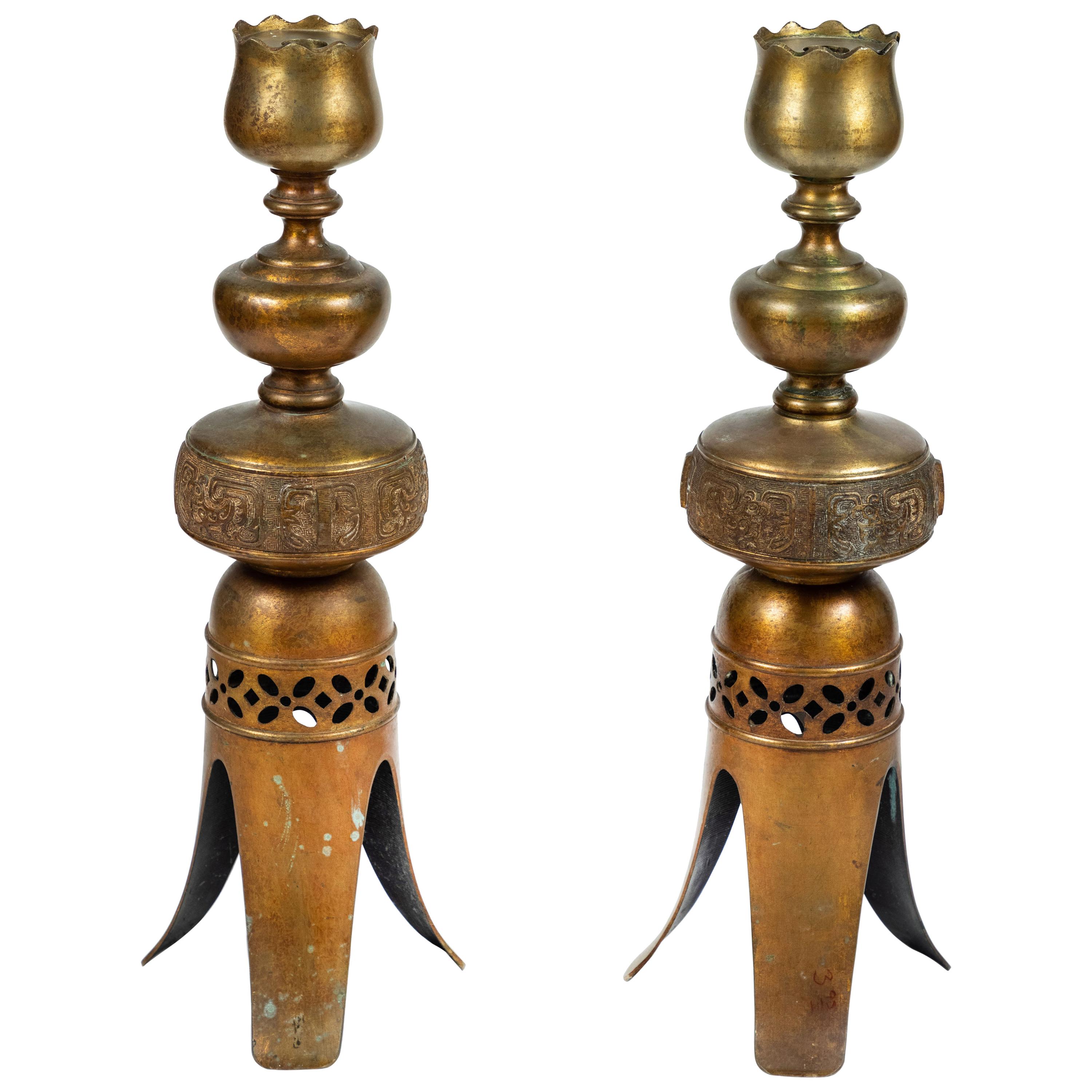 Pair of Vintage Tall Metal Candleholders with 3-Leg Base