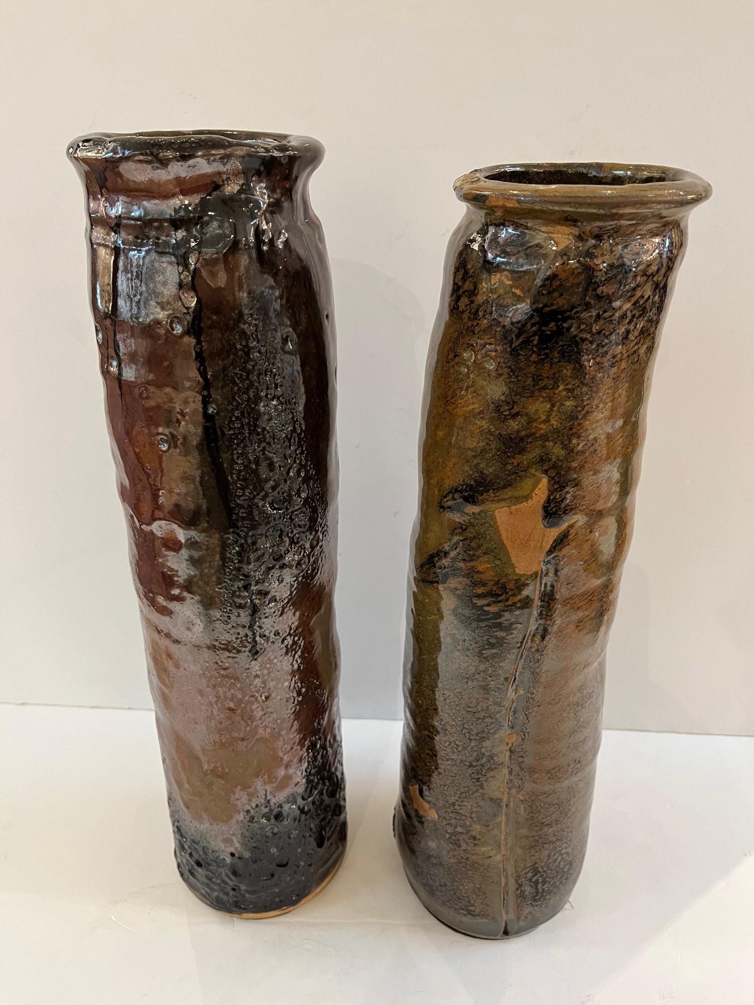Pair of Vintage Tall Rare Uniquely Glazed Ceramic Vase by Ichiban For Sale 2