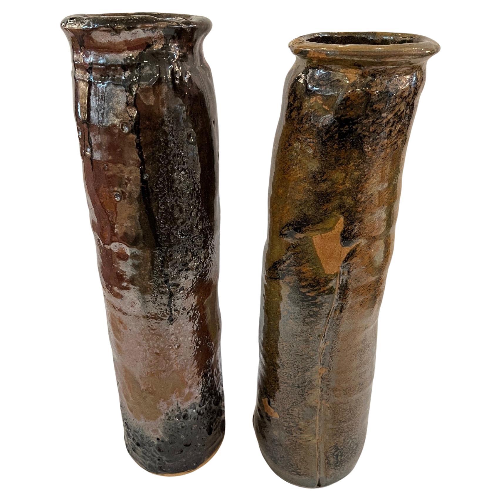 Pair of Vintage Tall Rare Uniquely Glazed Ceramic Vase by Ichiban