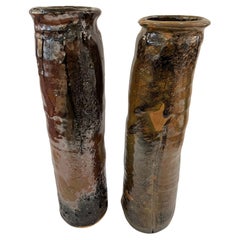 Pair of Antique Tall Rare Uniquely Glazed Ceramic Vase by Ichiban