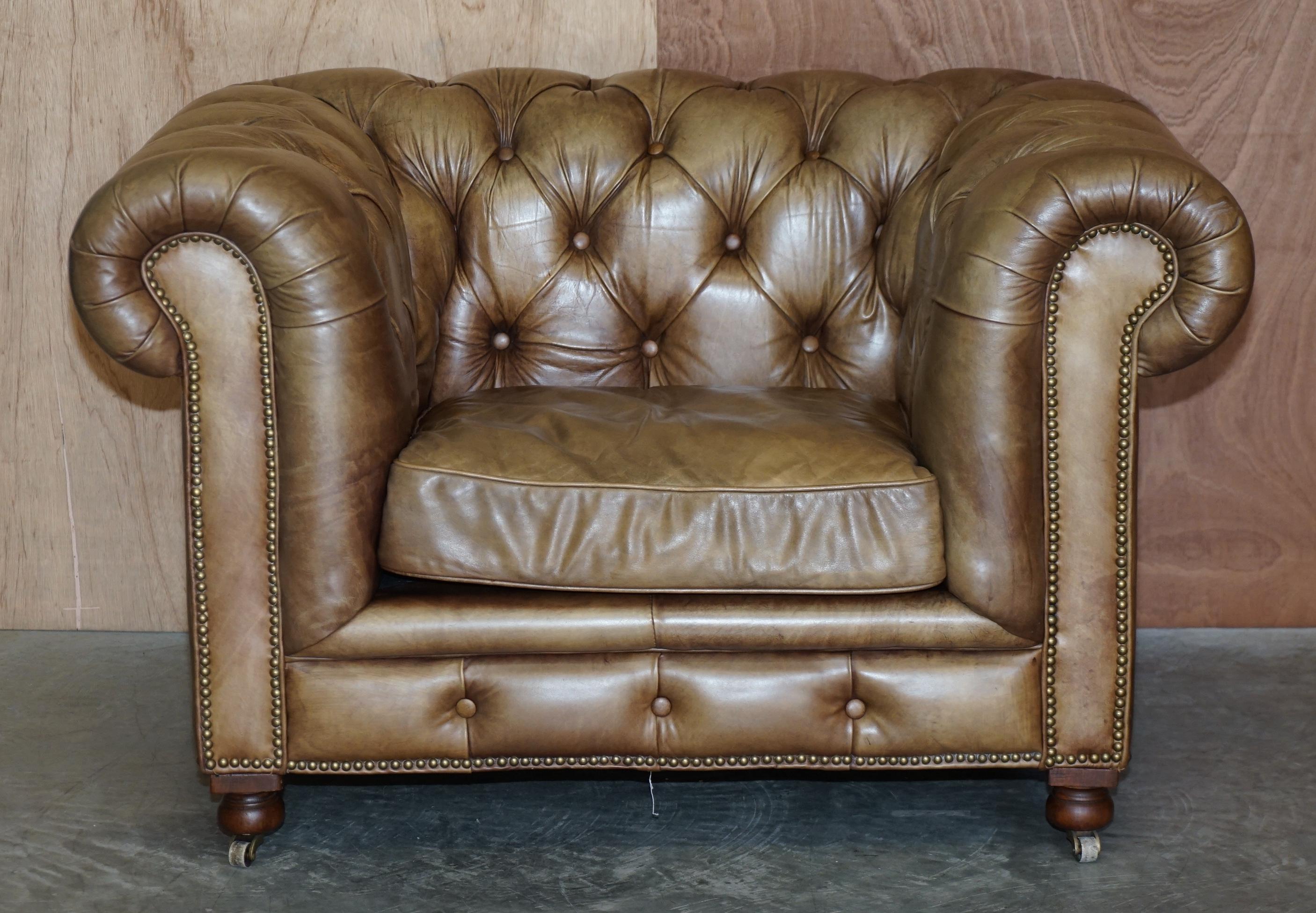 English Pair of Vintage Tan Brown Leather Halo Asquith Oversized Chesterfield Armchairs