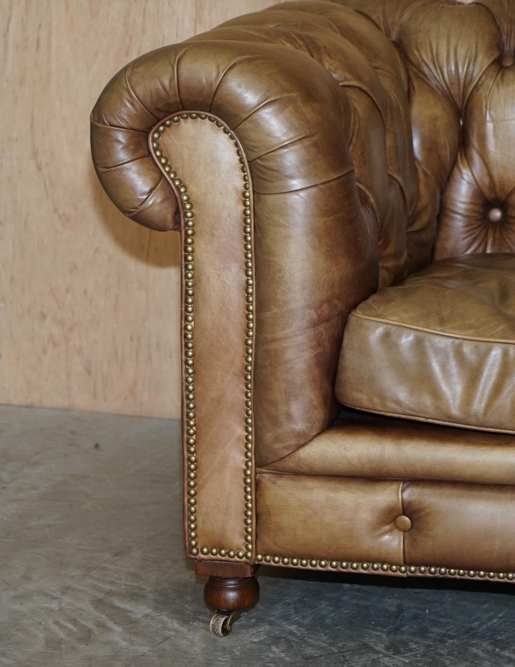 Hand-Crafted Pair of Vintage Tan Brown Leather Halo Asquith Oversized Chesterfield Armchairs