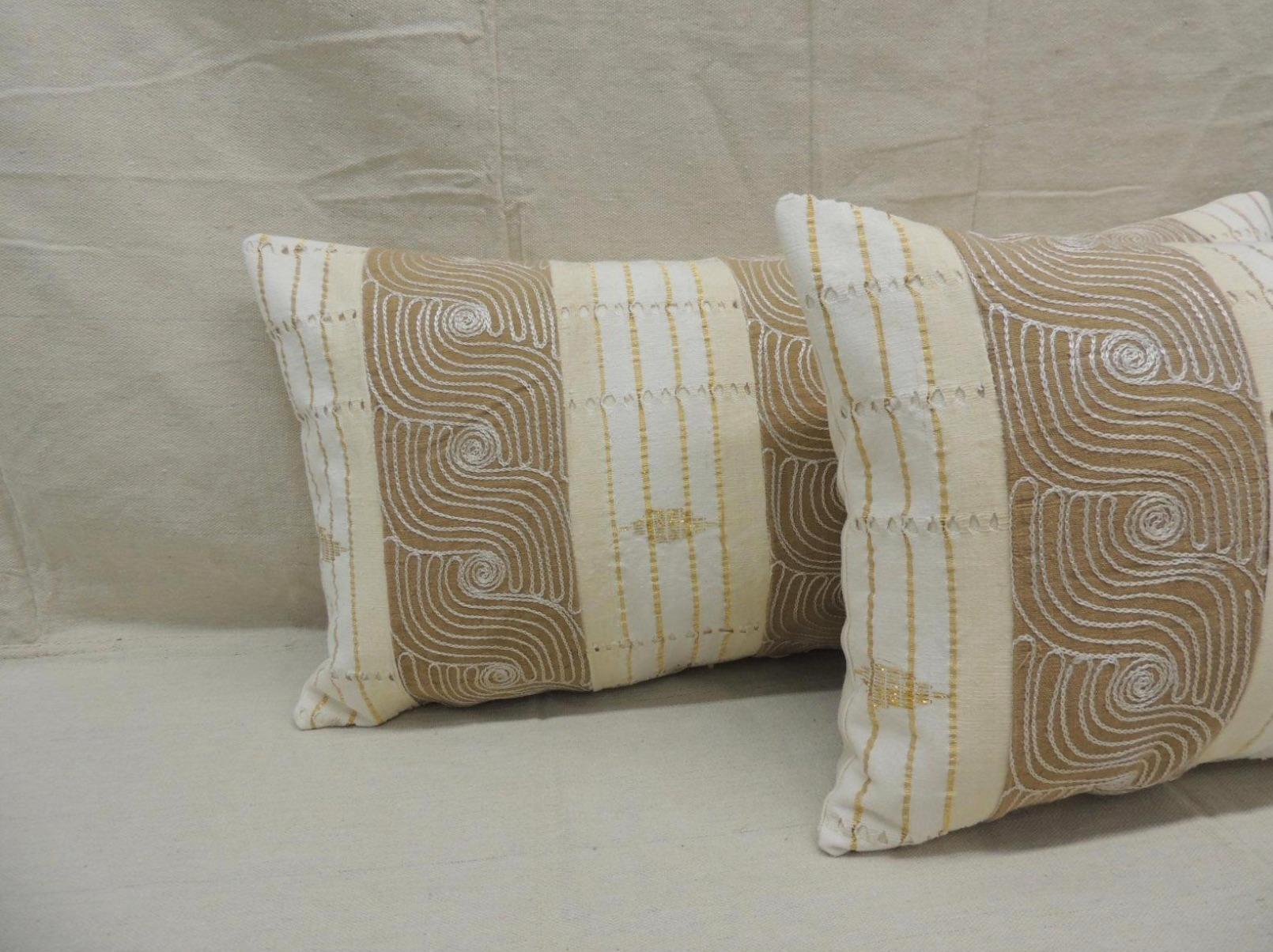 Tribal Pair of Bolster Pillows in Vintage Tan & Brown African Woven, Ghana 1980's