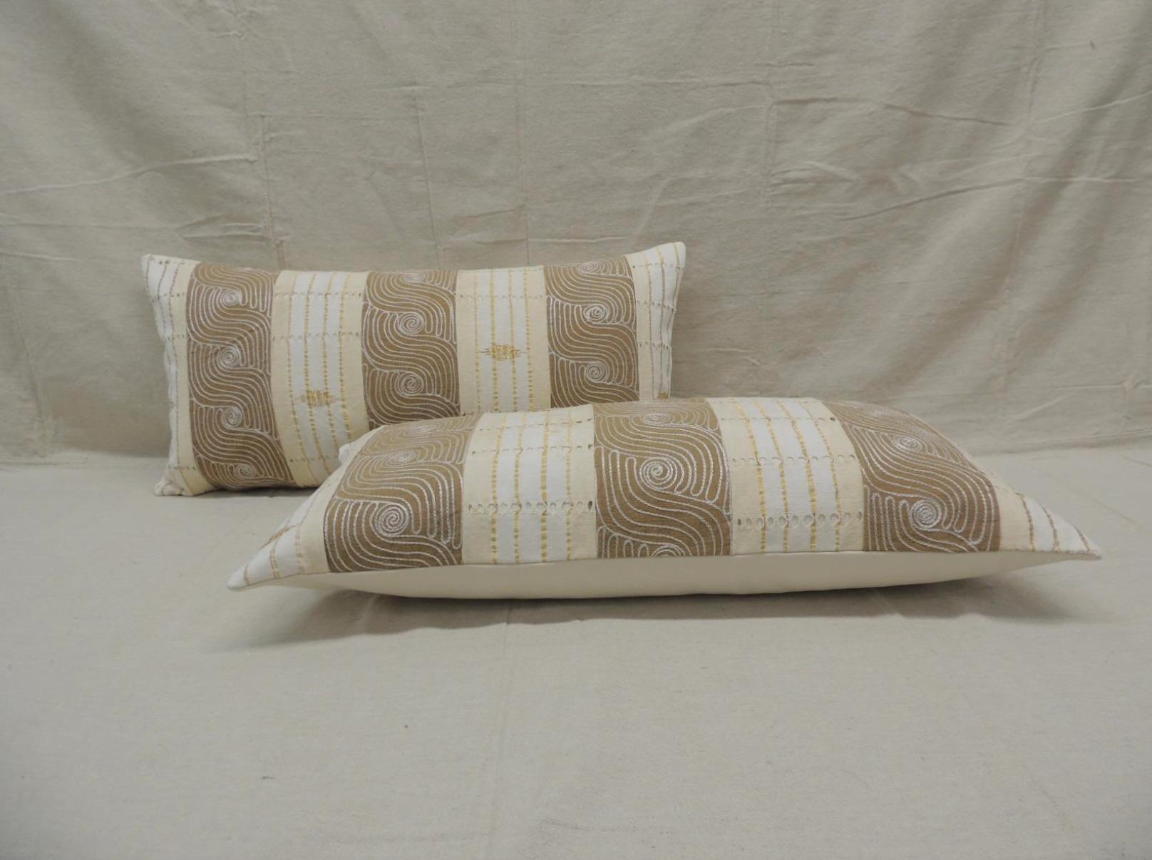Hand-Crafted Pair of Bolster Pillows in Vintage Tan & Brown African Woven, Ghana 1980's