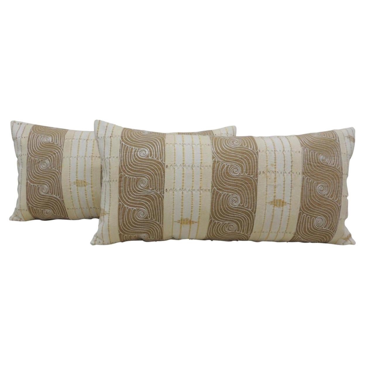 Pair of Bolster Pillows in Vintage Tan & Brown African Woven, Ghana 1980's