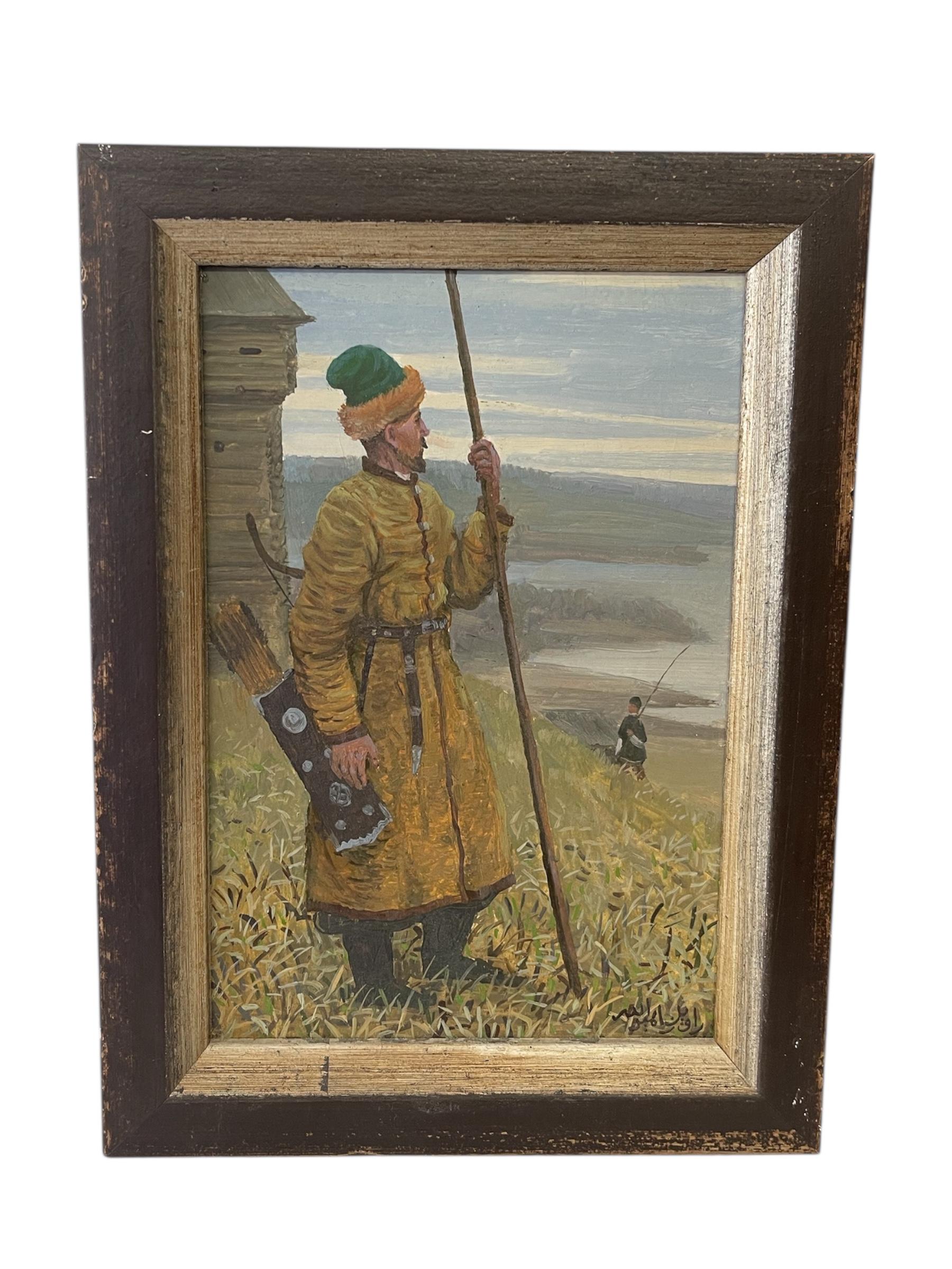 Paar Gemälde eines tatarischen Wächters und einer Frau in traditioneller Kleidung (Ende des 20. Jahrhunderts) im Angebot