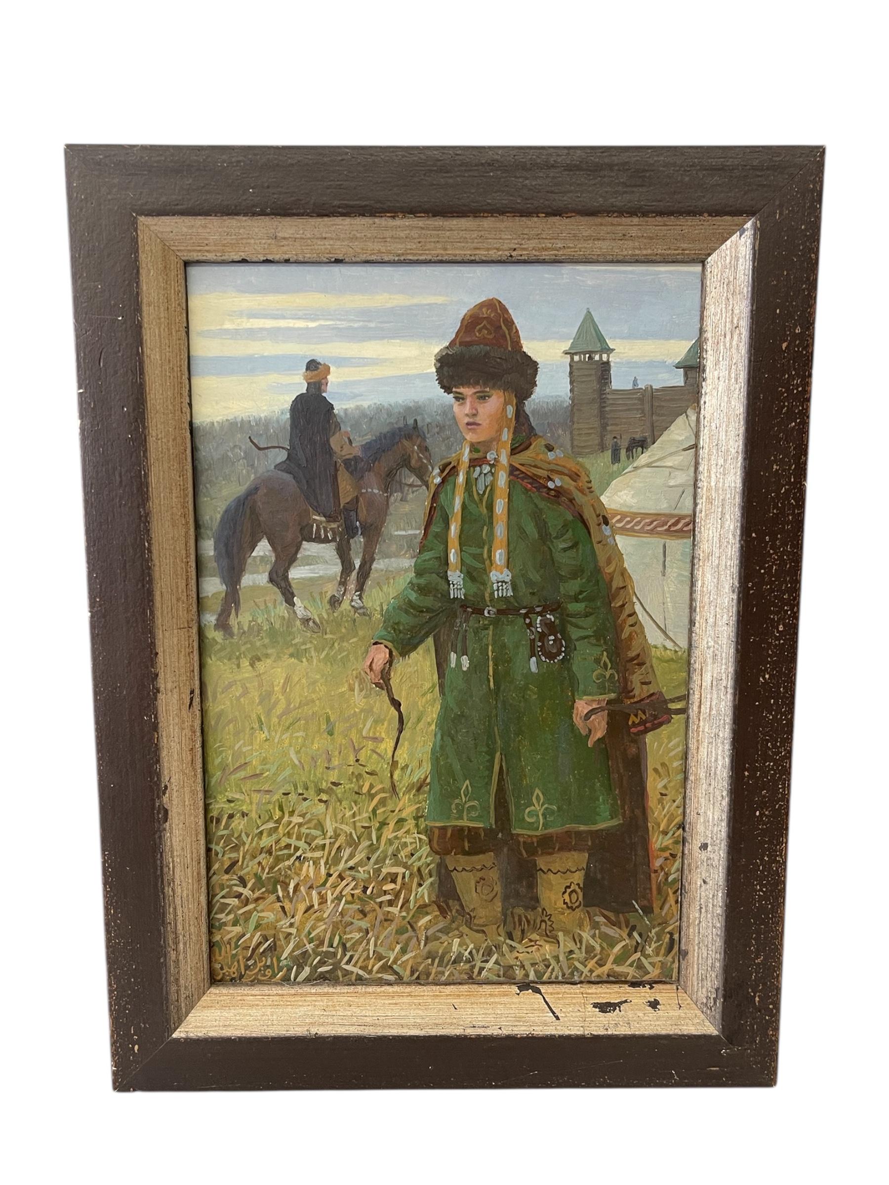 Paar Gemälde eines tatarischen Wächters und einer Frau in traditioneller Kleidung (Holz) im Angebot