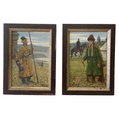 Pair of Vintage Tatar Guard and Woman Paintings in Traditional Dress