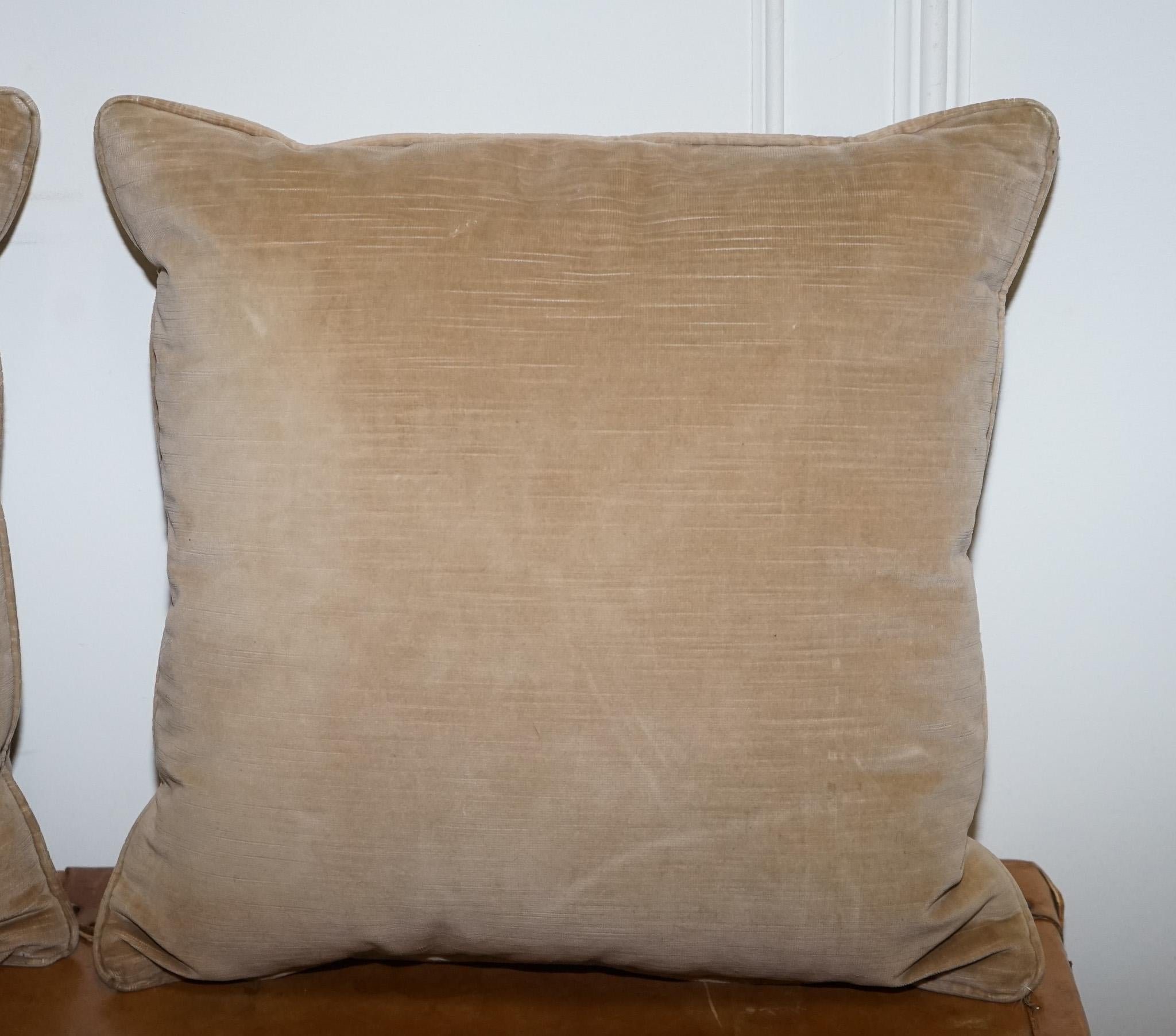 Pärchen VINTAGE TAUPE VELVET FEATHER FILLED THROW PiLLOWS PLUSH CUSHIONS (Stoff) im Angebot