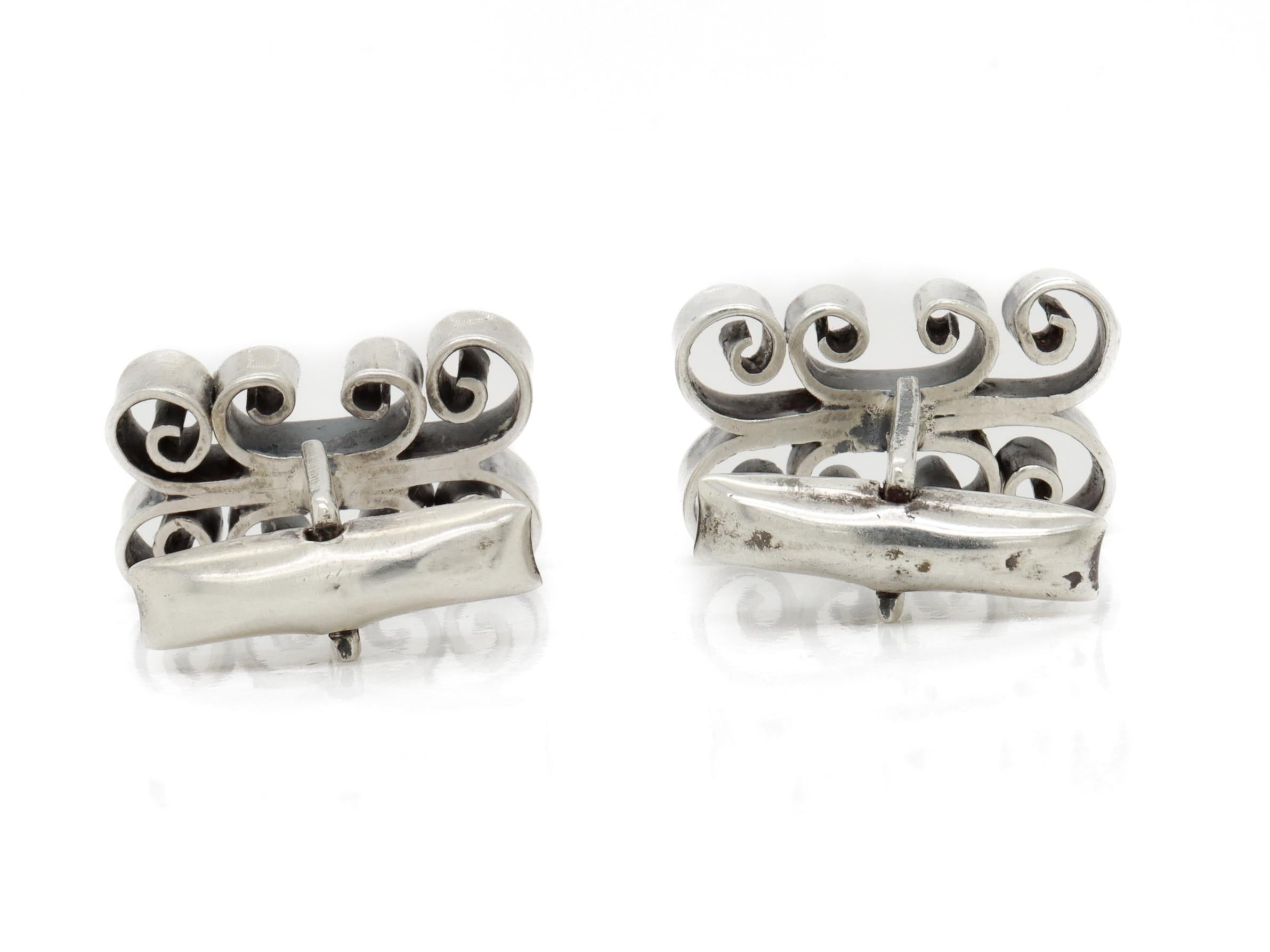 Coppia di gemelli d'epoca in argento sterling Taxco messicano a forma di cartiglio in vendita 1