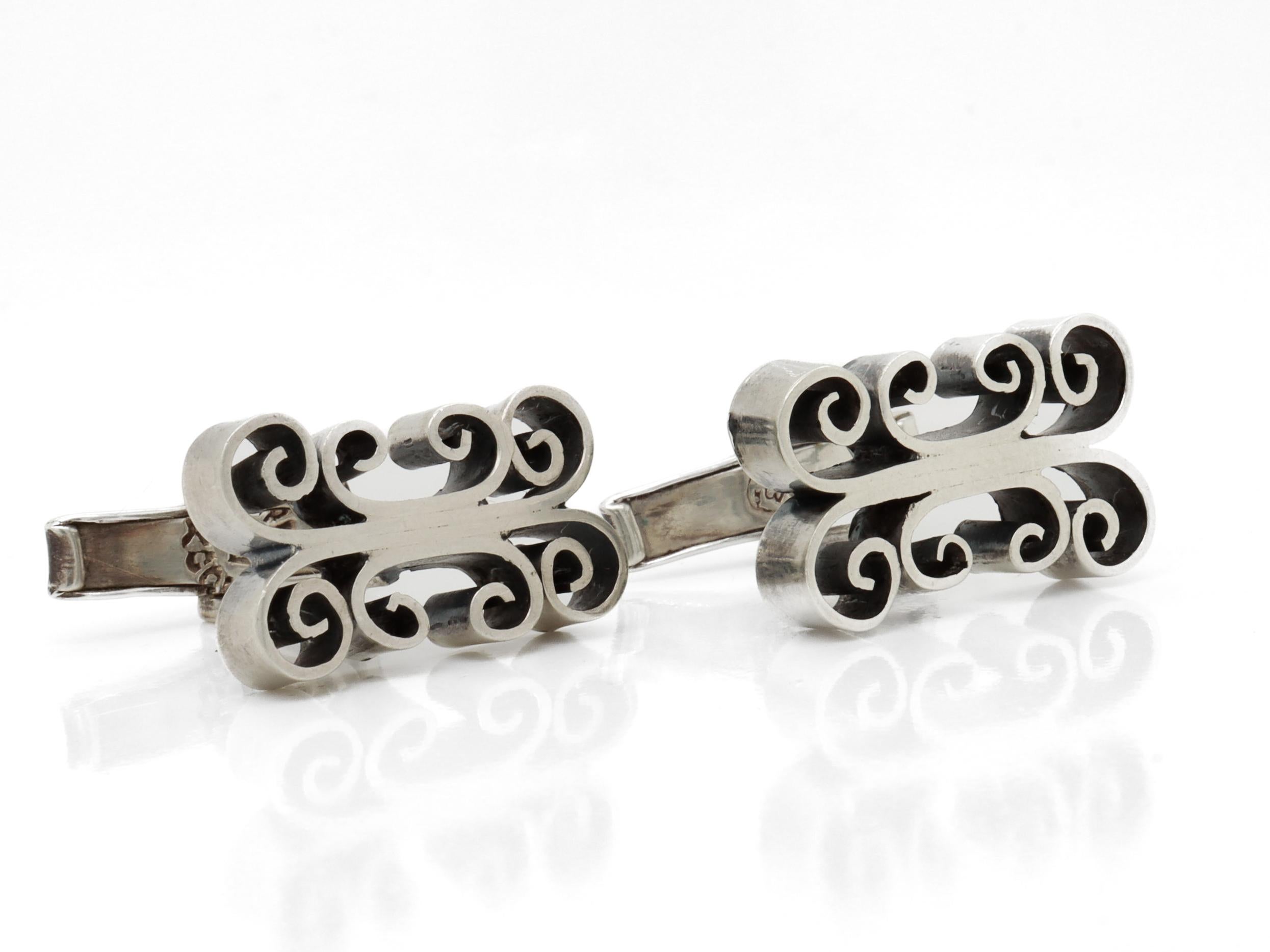 Coppia di gemelli d'epoca in argento sterling Taxco messicano a forma di cartiglio in vendita 3