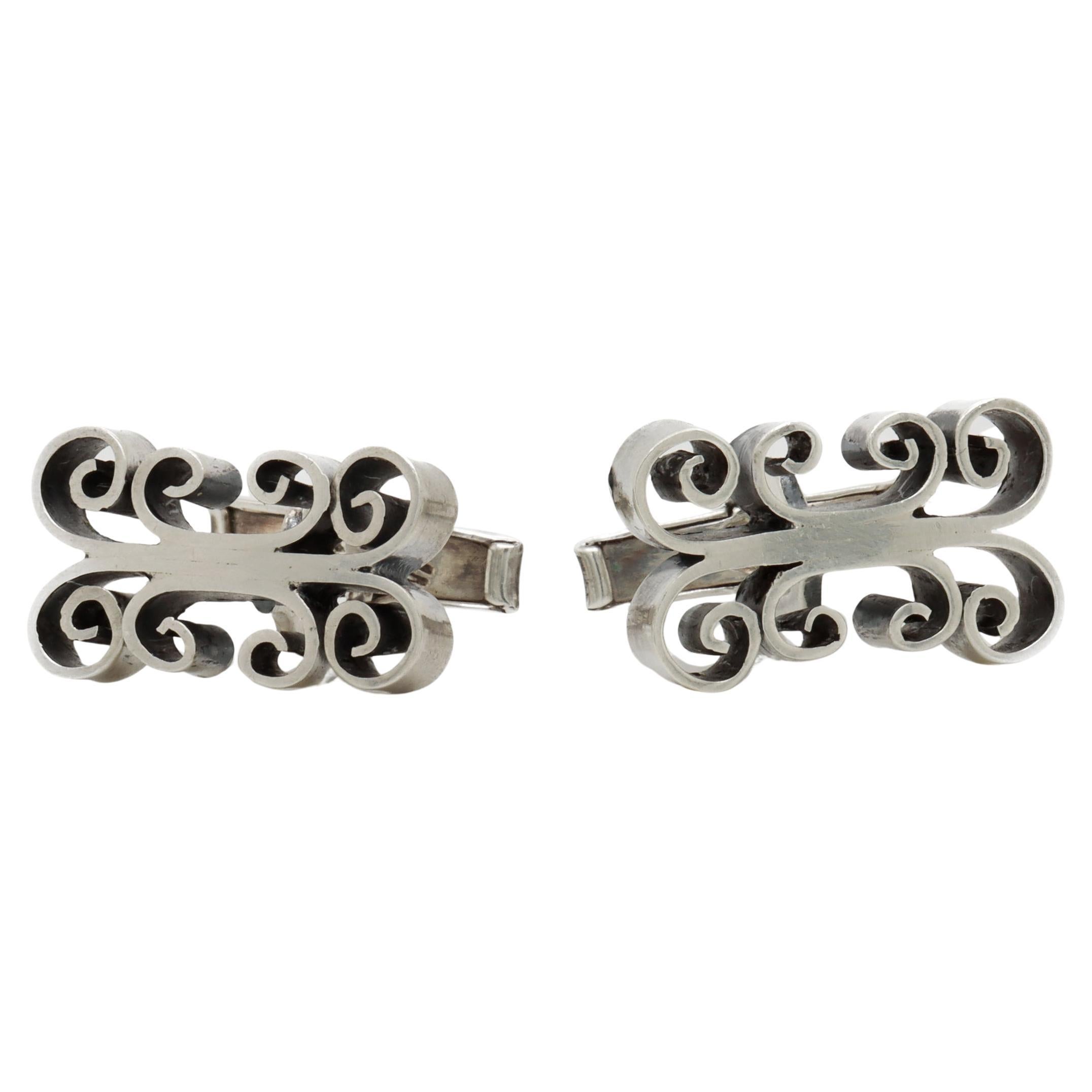 Pair of Vintage Taxco Mexican Sterling Silver Scroll Cufflinks
