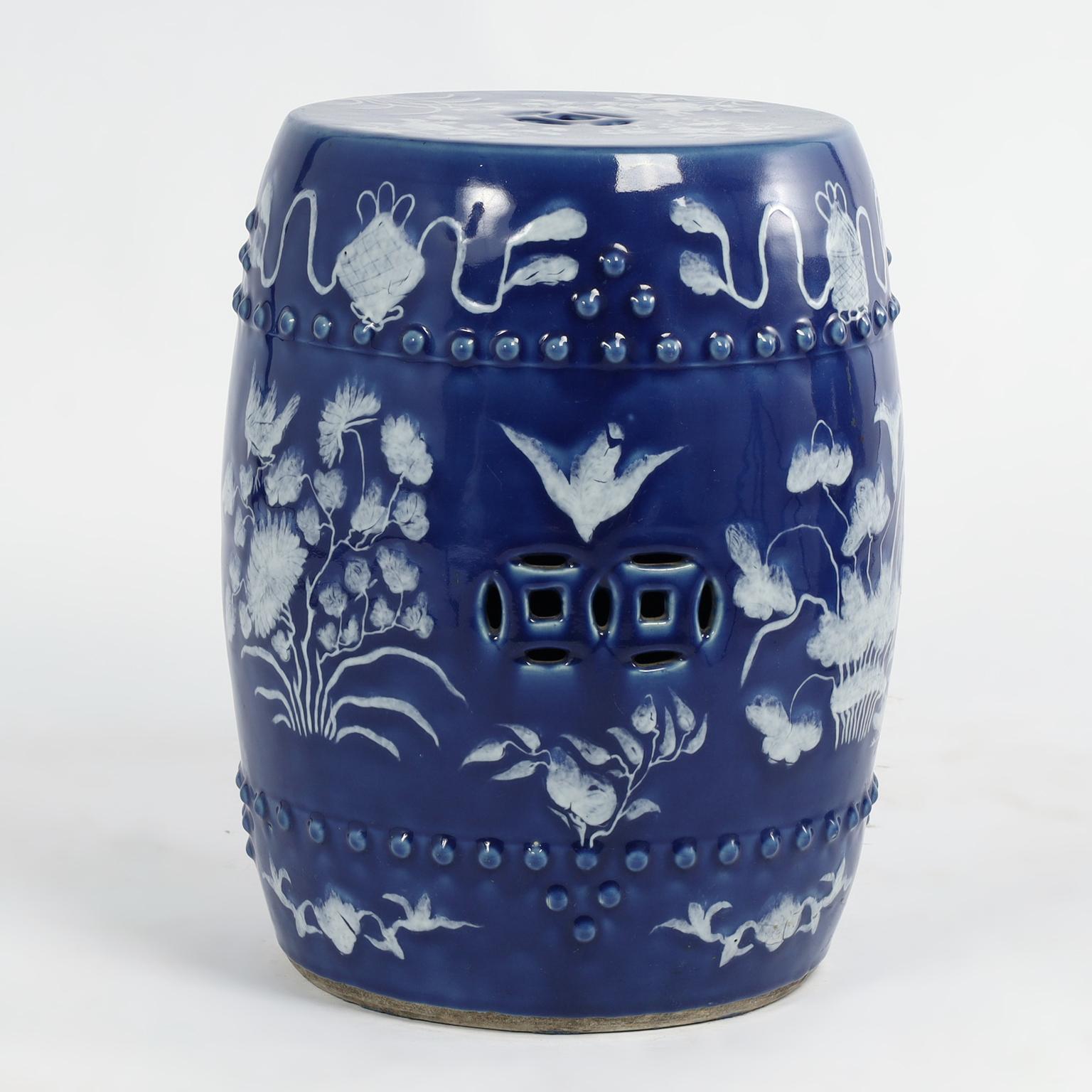 Chinese Export Pair of Vintage Terra Cotta Blue and White Garden Seats