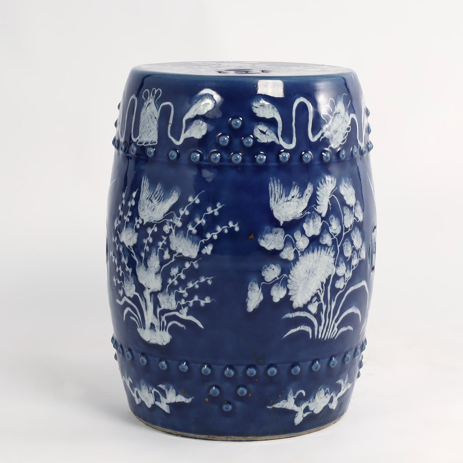 Chinese Pair of Vintage Terra Cotta Blue and White Garden Seats