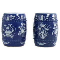 Pair of Vintage Terra Cotta Blue and White Garden Seats