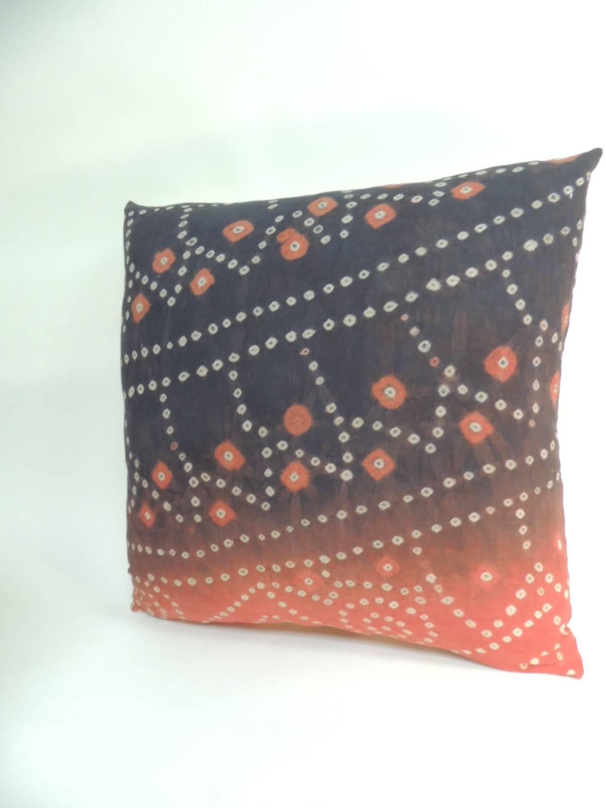 Pair of vintage textile Asian Shibori hand-dyed orange and black square decorative pillows
Orange and black square throw pillows handcrafted with an Asian Shibori hand-dyed textile with small hand-dyed details and circular patterns. Decorative