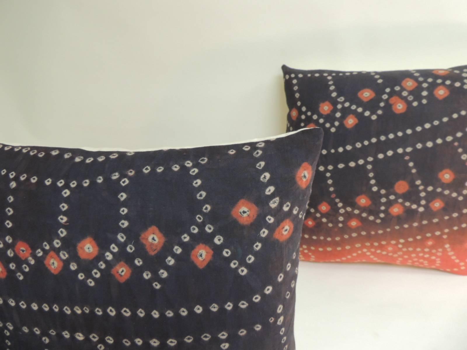 Chinese Export Pr. of Vintage Textile Asian Shibori Hand-Dyed Orange & Black Decorative Pillows