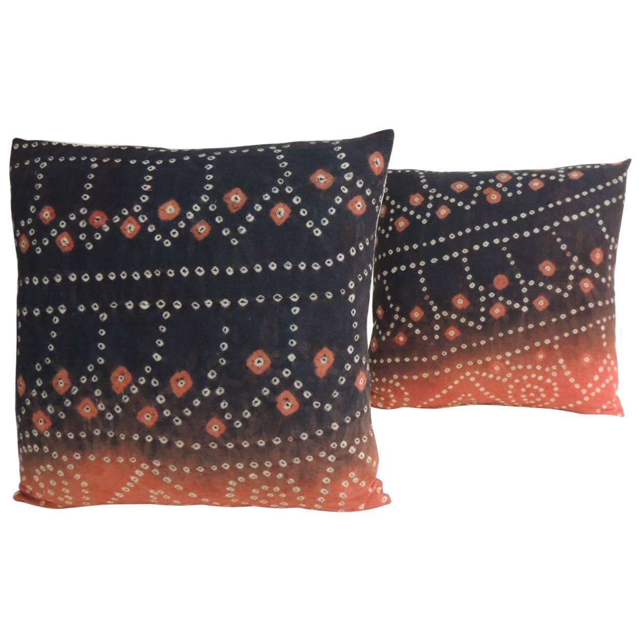 Pr. of Vintage Textile Asian Shibori Hand-Dyed Orange & Black Decorative Pillows