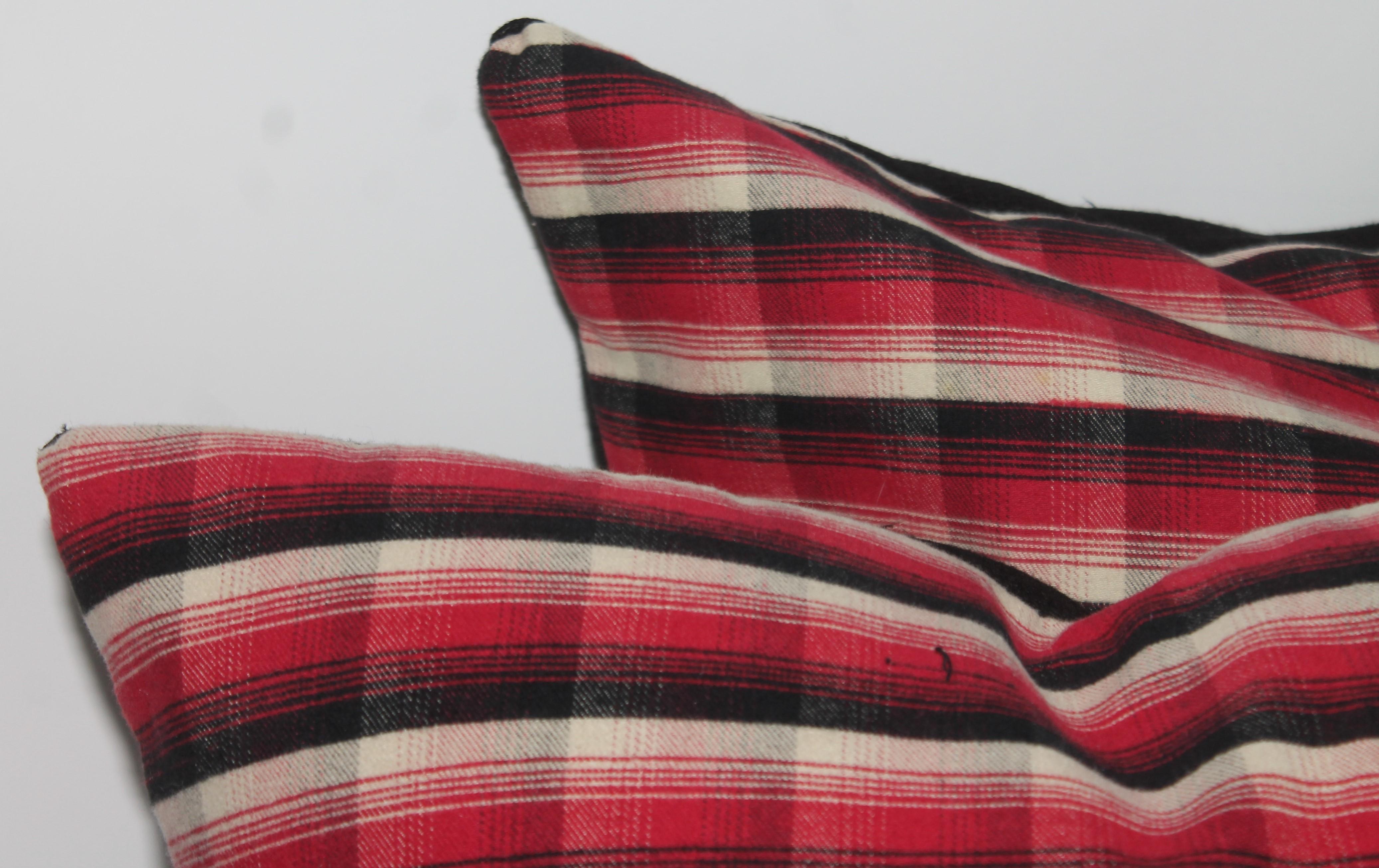 Adirondack Pair of Vintage Textile Black, White and Red Plaid Pillows For Sale