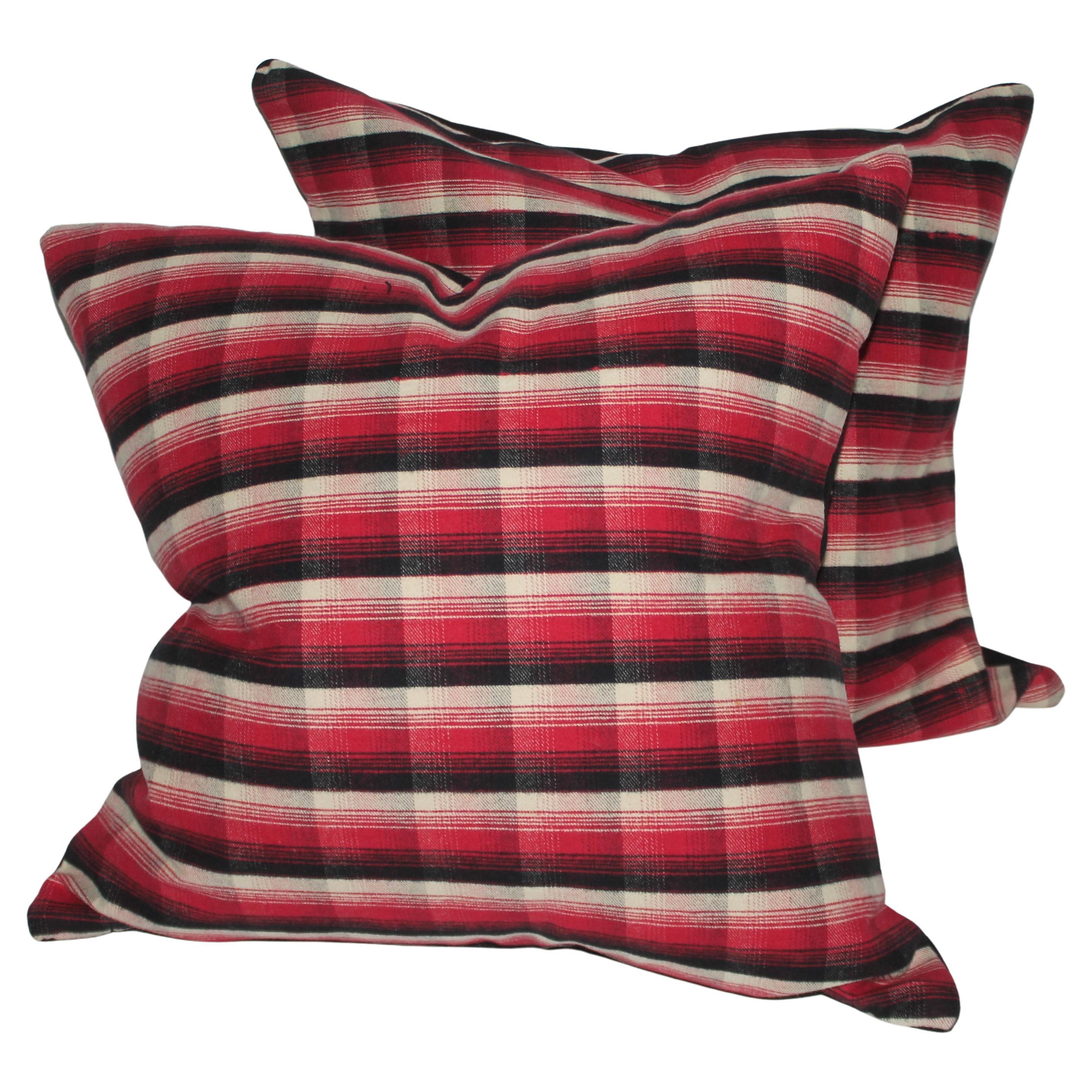 Pair of Vintage Textile Black, White and Red Plaid Pillows For Sale