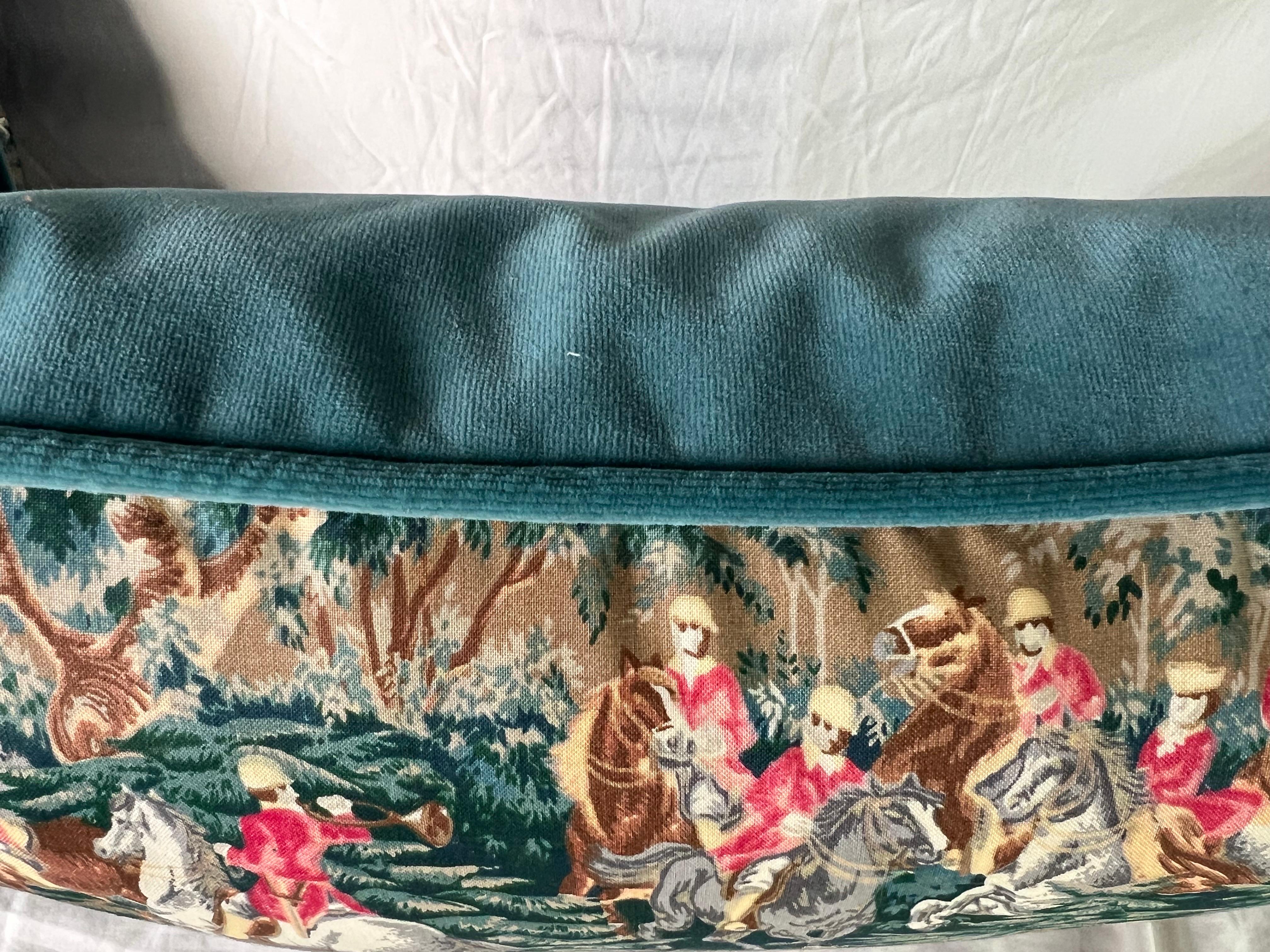 English Pair of Vintage Textile Pillows w/ Hunt Scene For Sale