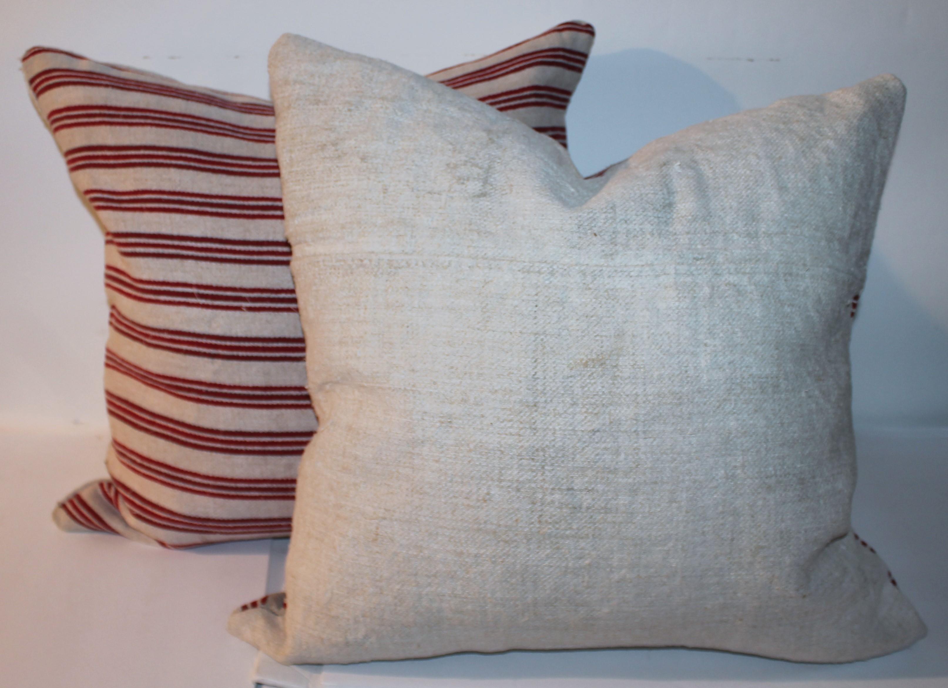 Pair of Vintage Textile Ticking Pillows In Good Condition For Sale In Los Angeles, CA