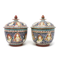 Pair of Vintage Thai Bencharong Lidded Jars, 20th century.