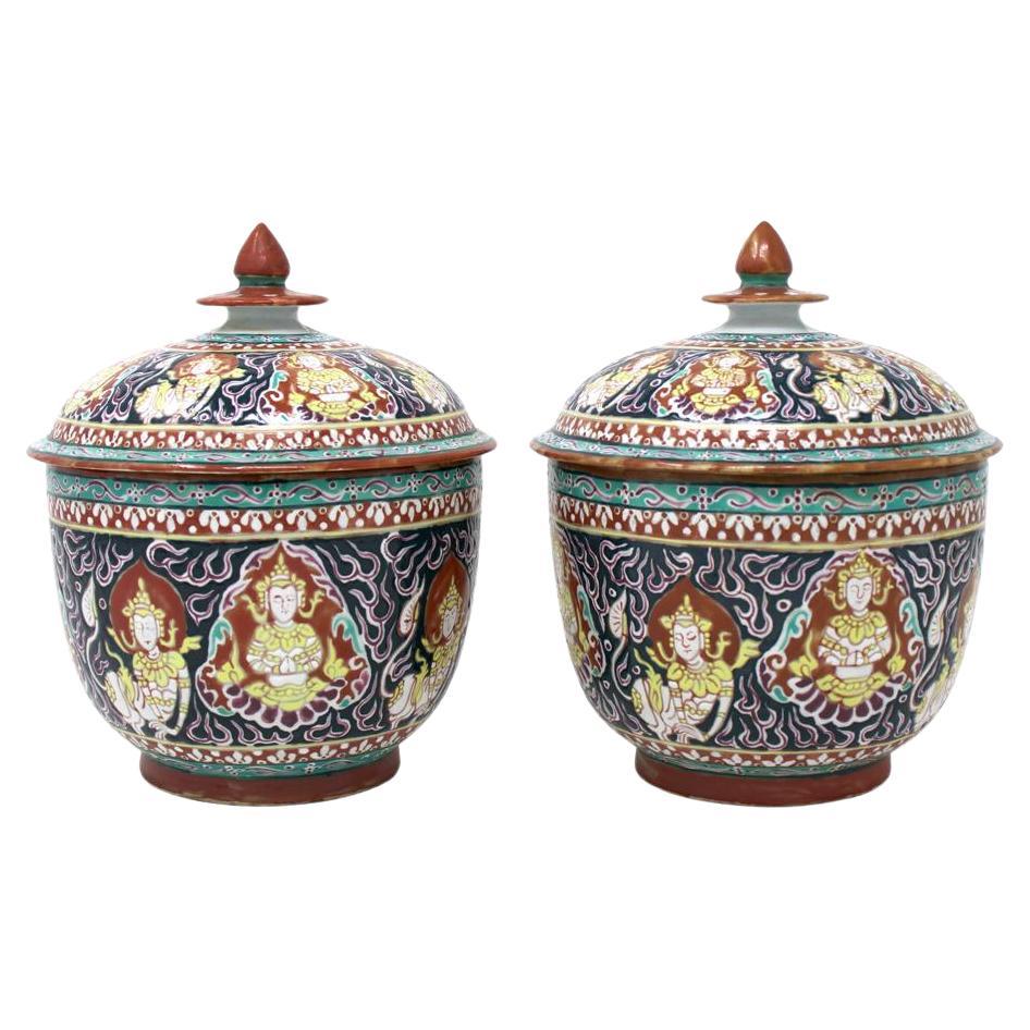 Pair of Vintage Thai Bencharong Lidded Jars, 20th century.