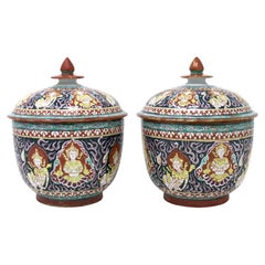Pair of Antique Thai Bencharong Lidded Jars, 20th century.