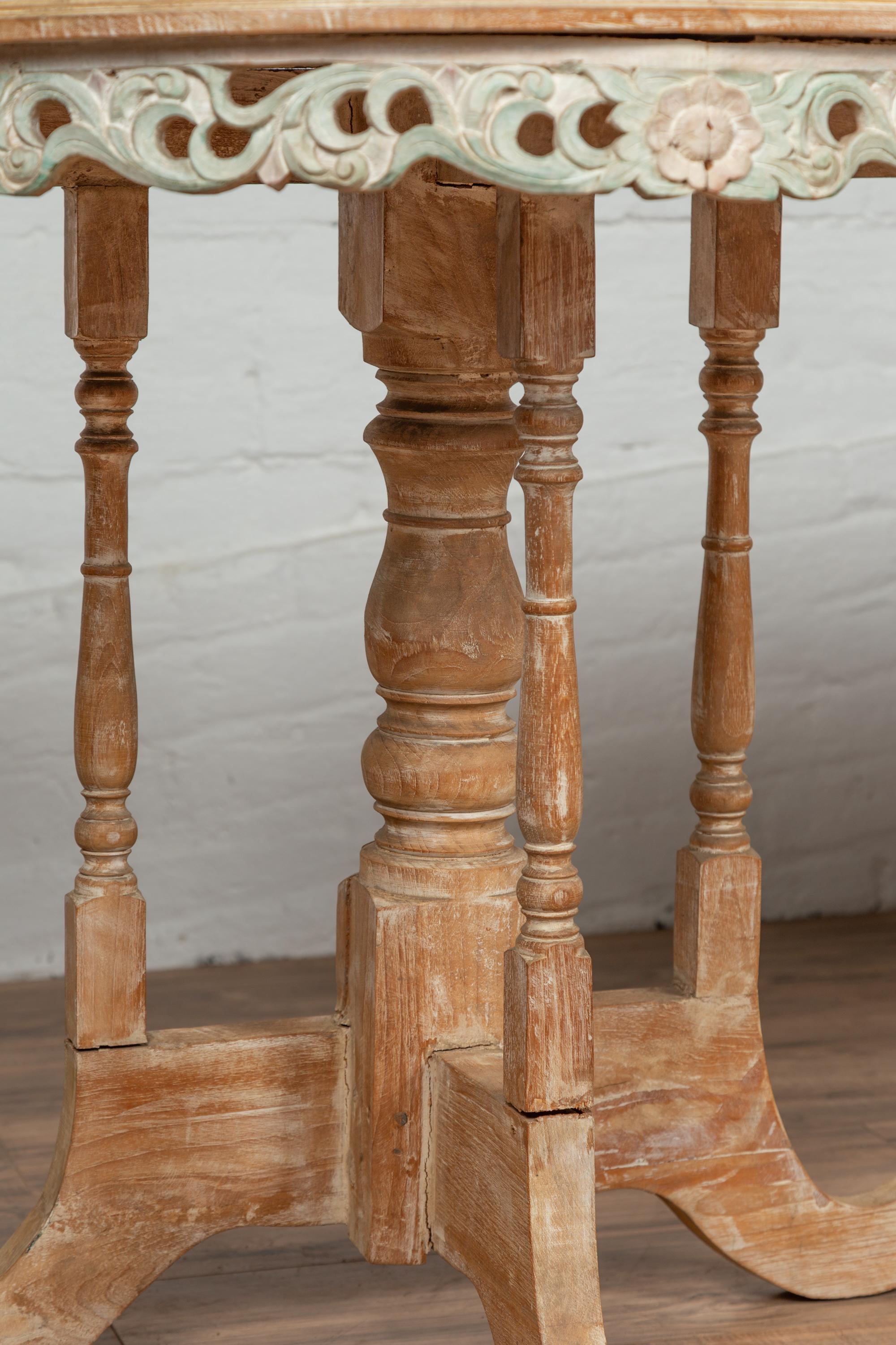 Pair of Vintage Thai Teak Demilune Tables with Hand Carved Apron and Turned Base 2