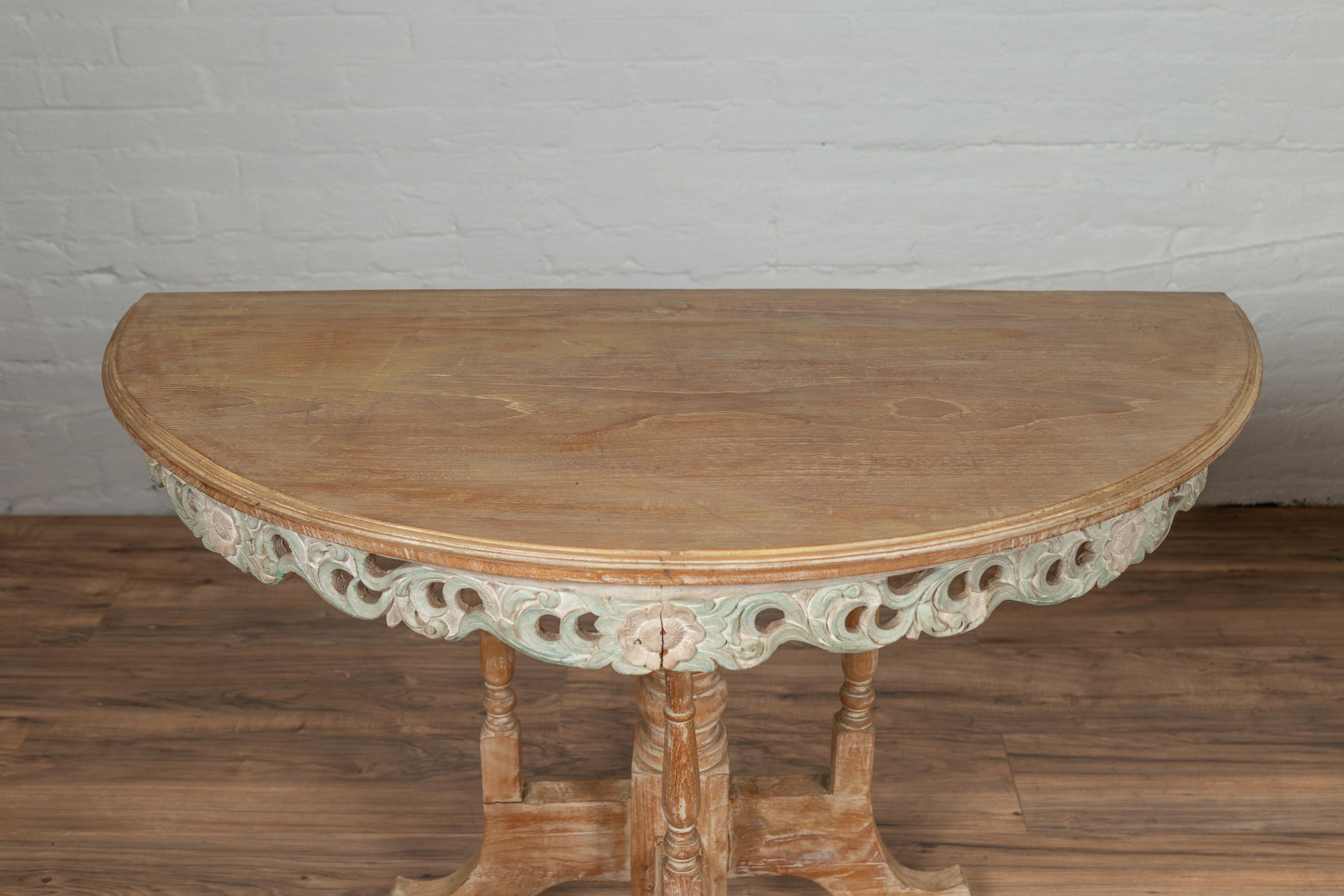 Pair of Vintage Thai Teak Demilune Tables with Hand Carved Apron and Turned Base 5