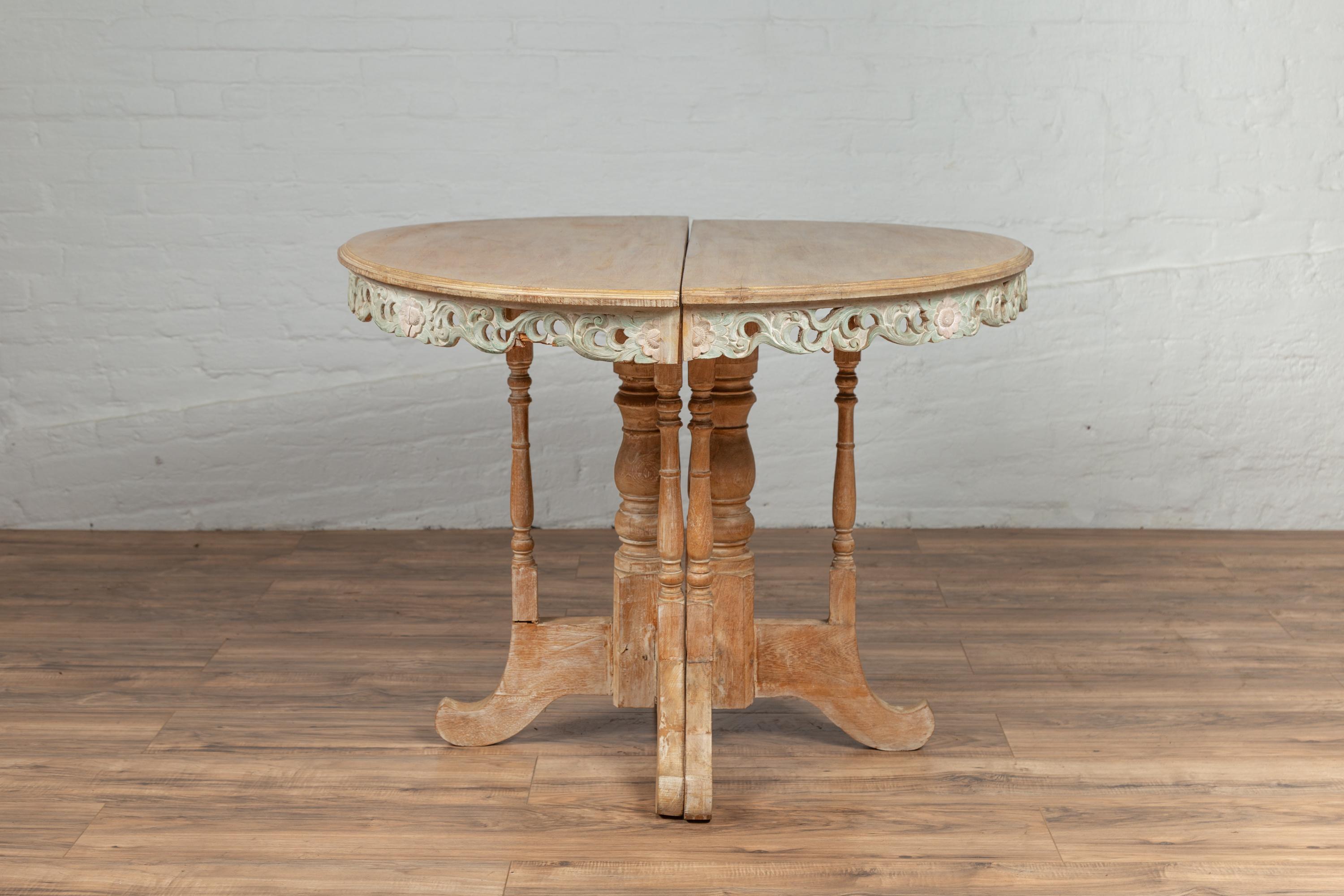Pair of Vintage Thai Teak Demilune Tables with Hand Carved Apron and Turned Base 7