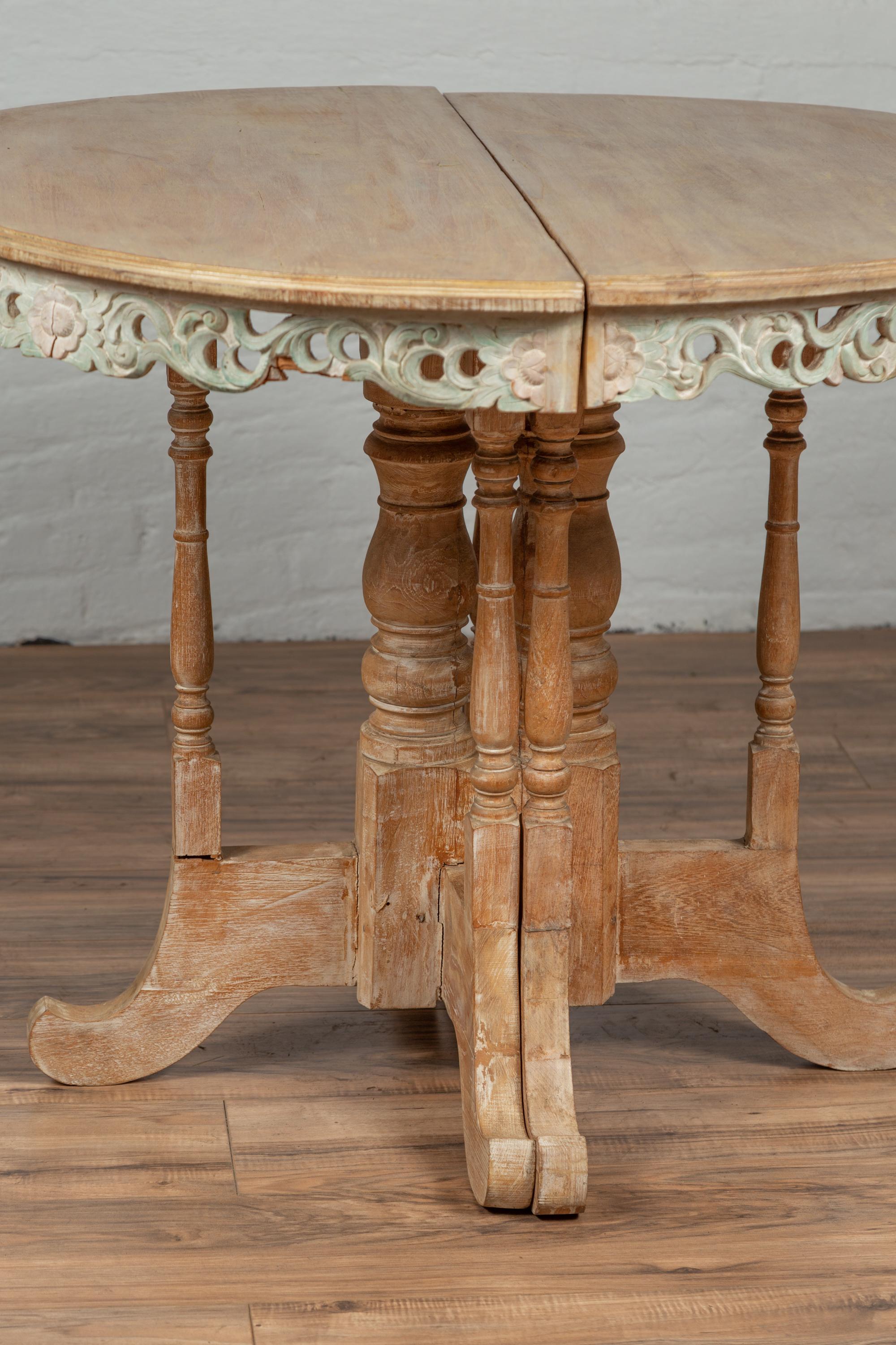 Pair of Vintage Thai Teak Demilune Tables with Hand Carved Apron and Turned Base 8