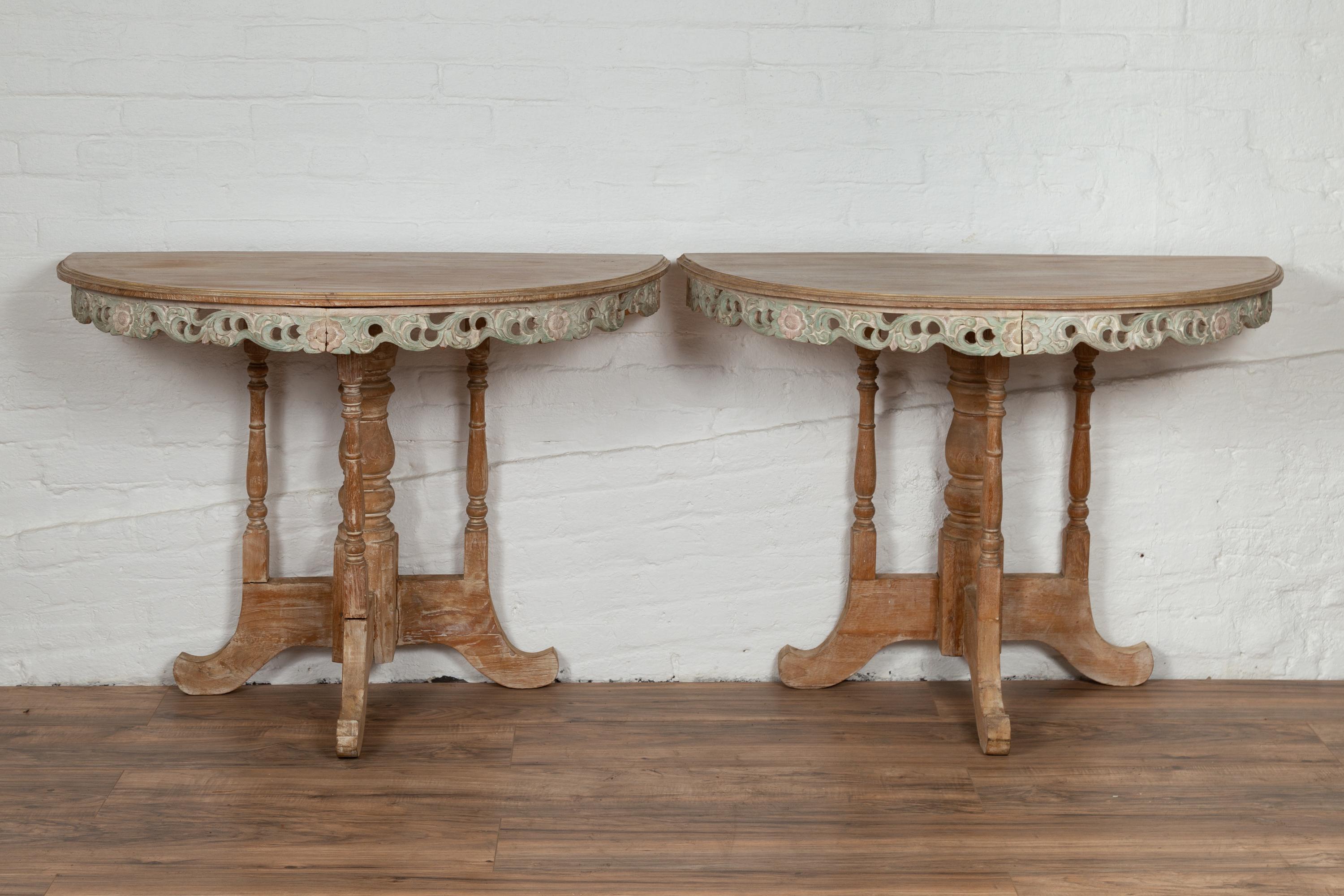Pair of Vintage Thai Teak Demilune Tables with Hand Carved Apron and Turned Base 9