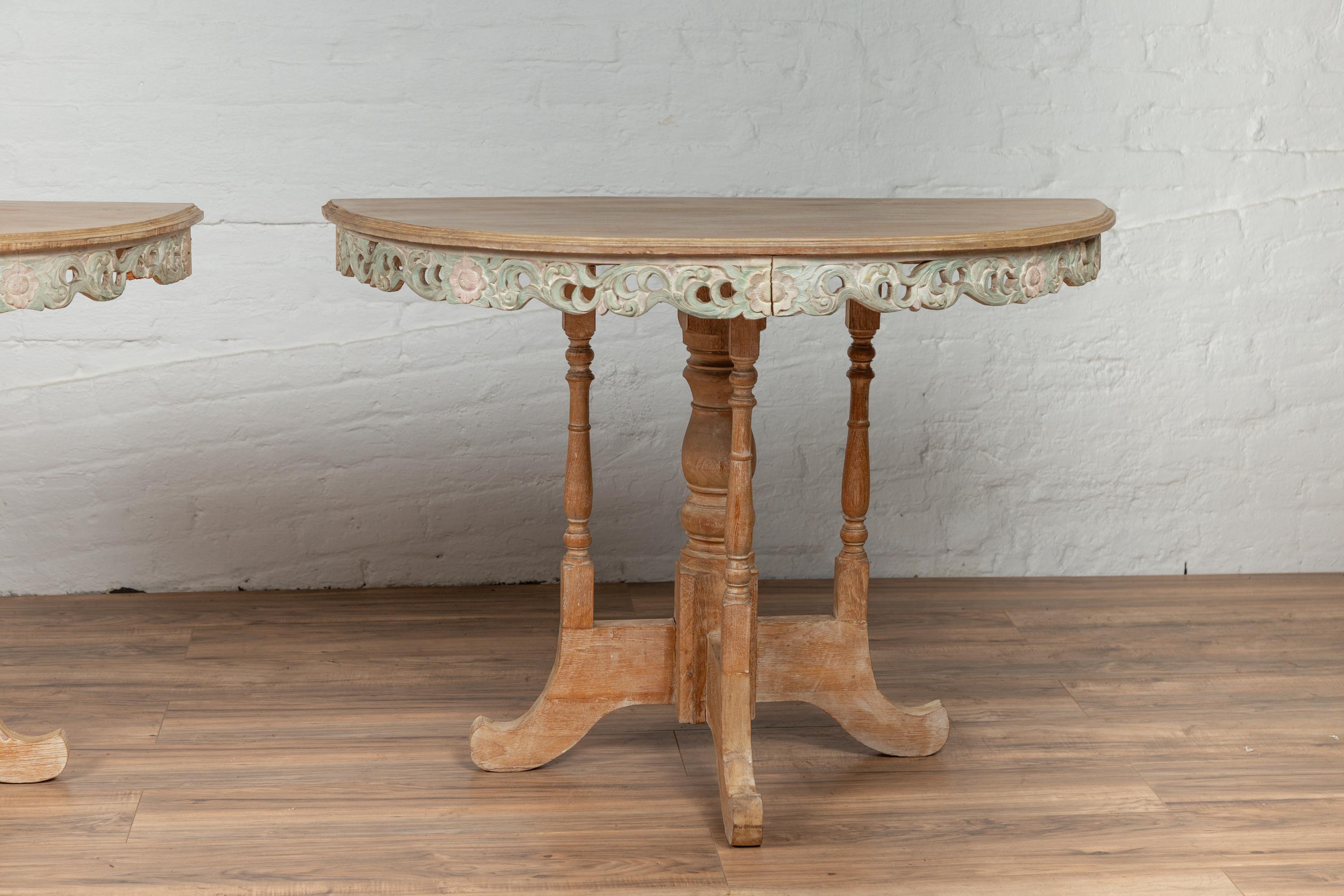 Mid-Century Modern Pair of Vintage Thai Teak Demilune Tables with Hand Carved Apron and Turned Base