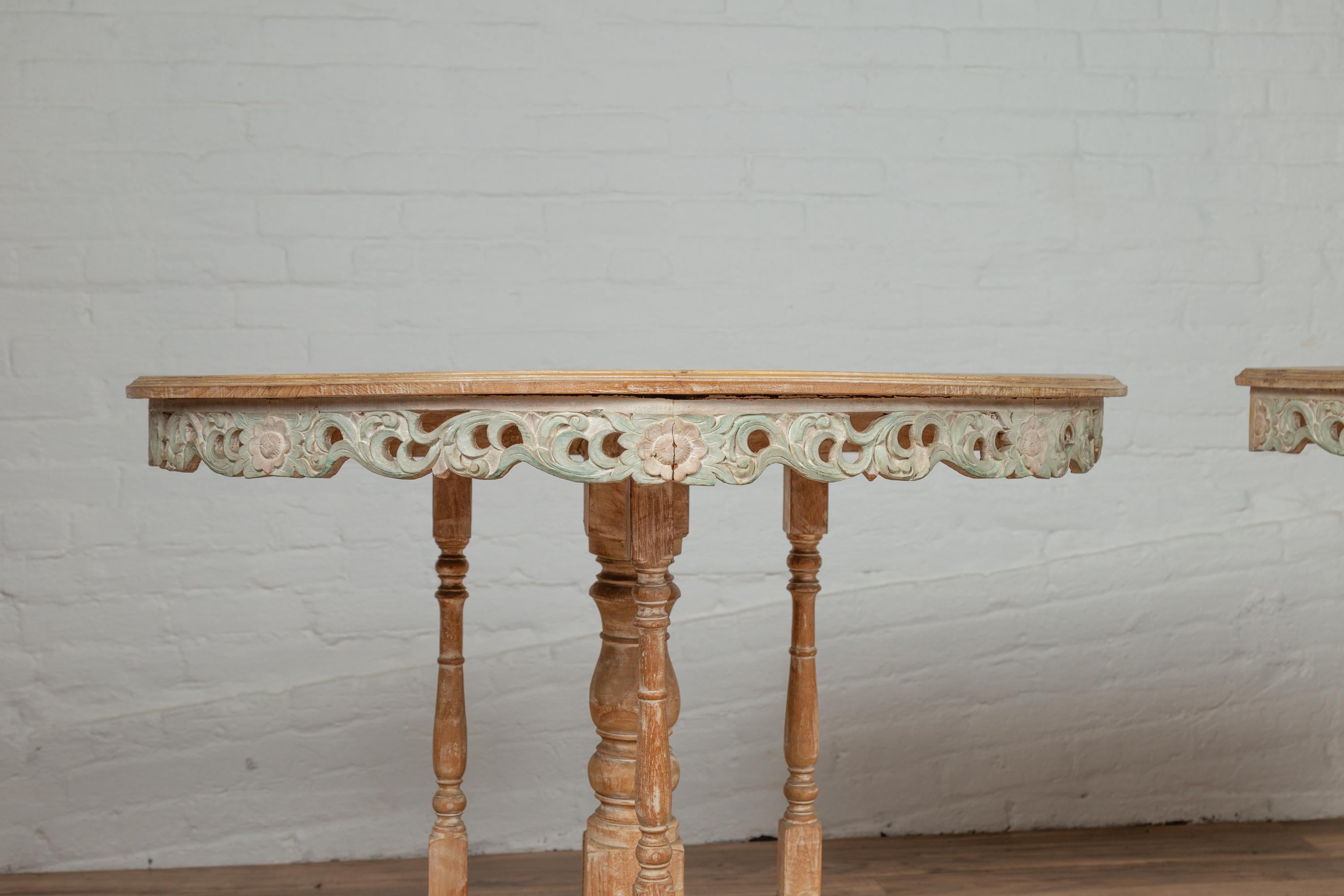 20th Century Pair of Vintage Thai Teak Demilune Tables with Hand Carved Apron and Turned Base