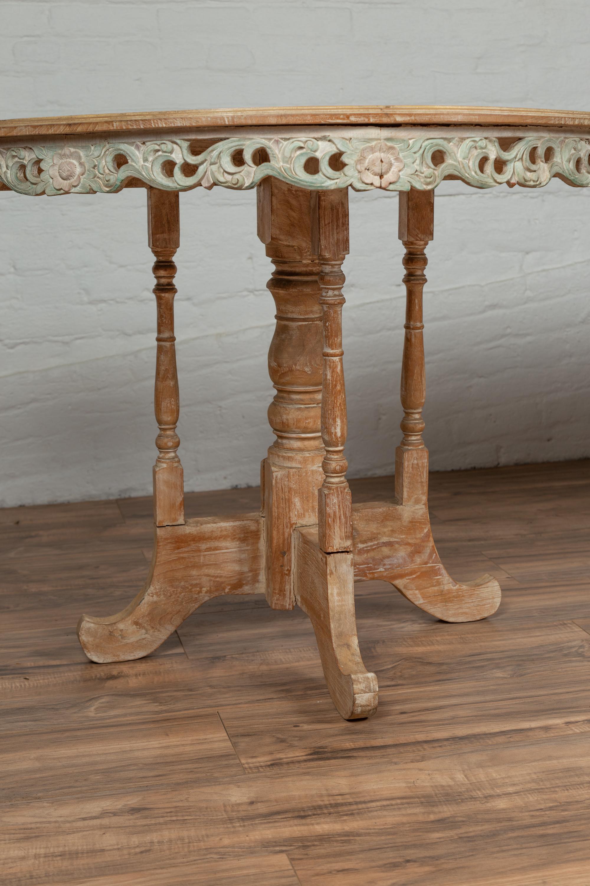 Pair of Vintage Thai Teak Demilune Tables with Hand Carved Apron and Turned Base 1