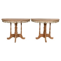 Pair of Vintage Thai Teak Demilune Tables with Hand Carved Apron and Turned Base