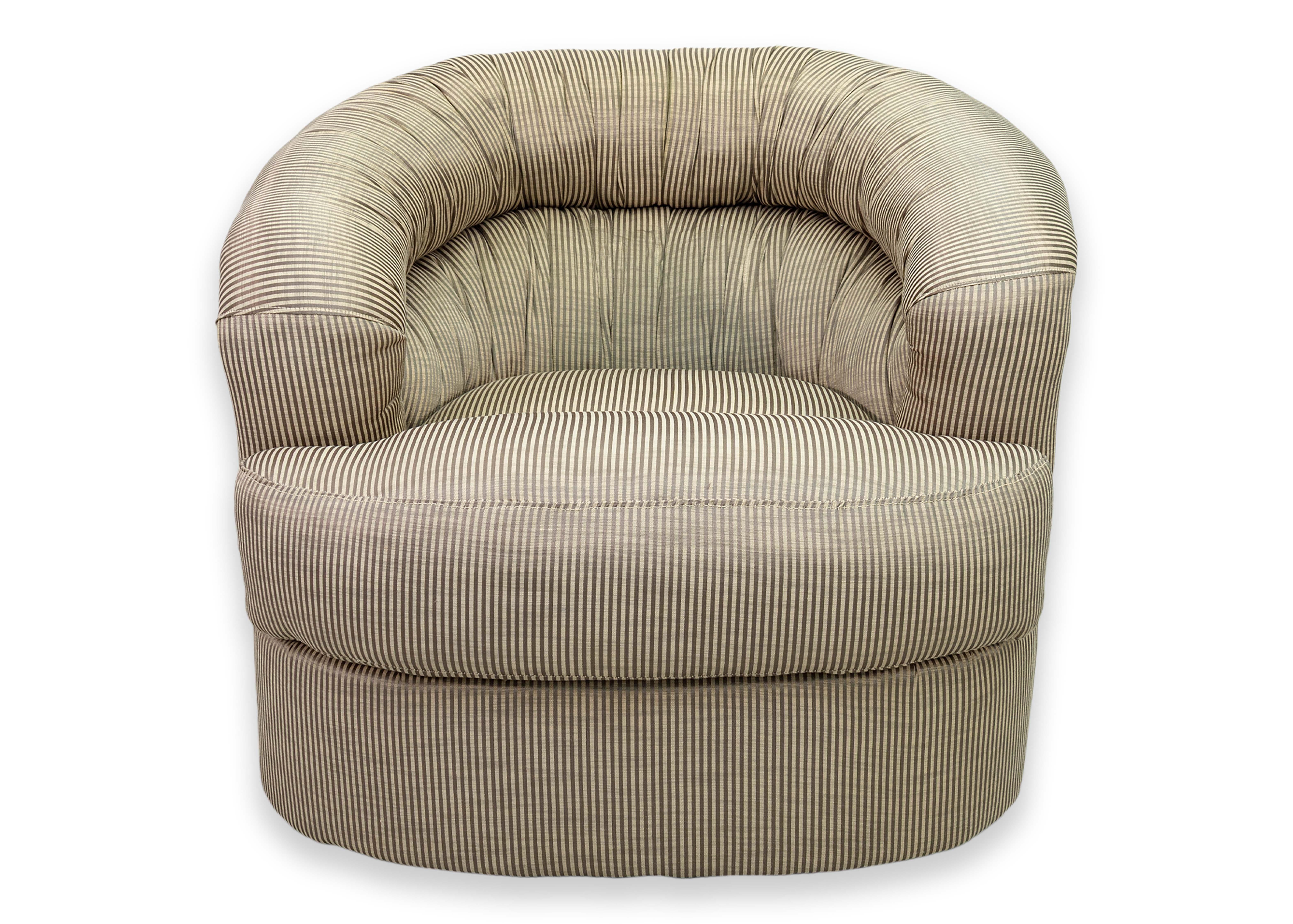 Pair of Vintage Thayer Coggin Swivel Club Chairs with Silk Pinstripe Upholstery For Sale 4