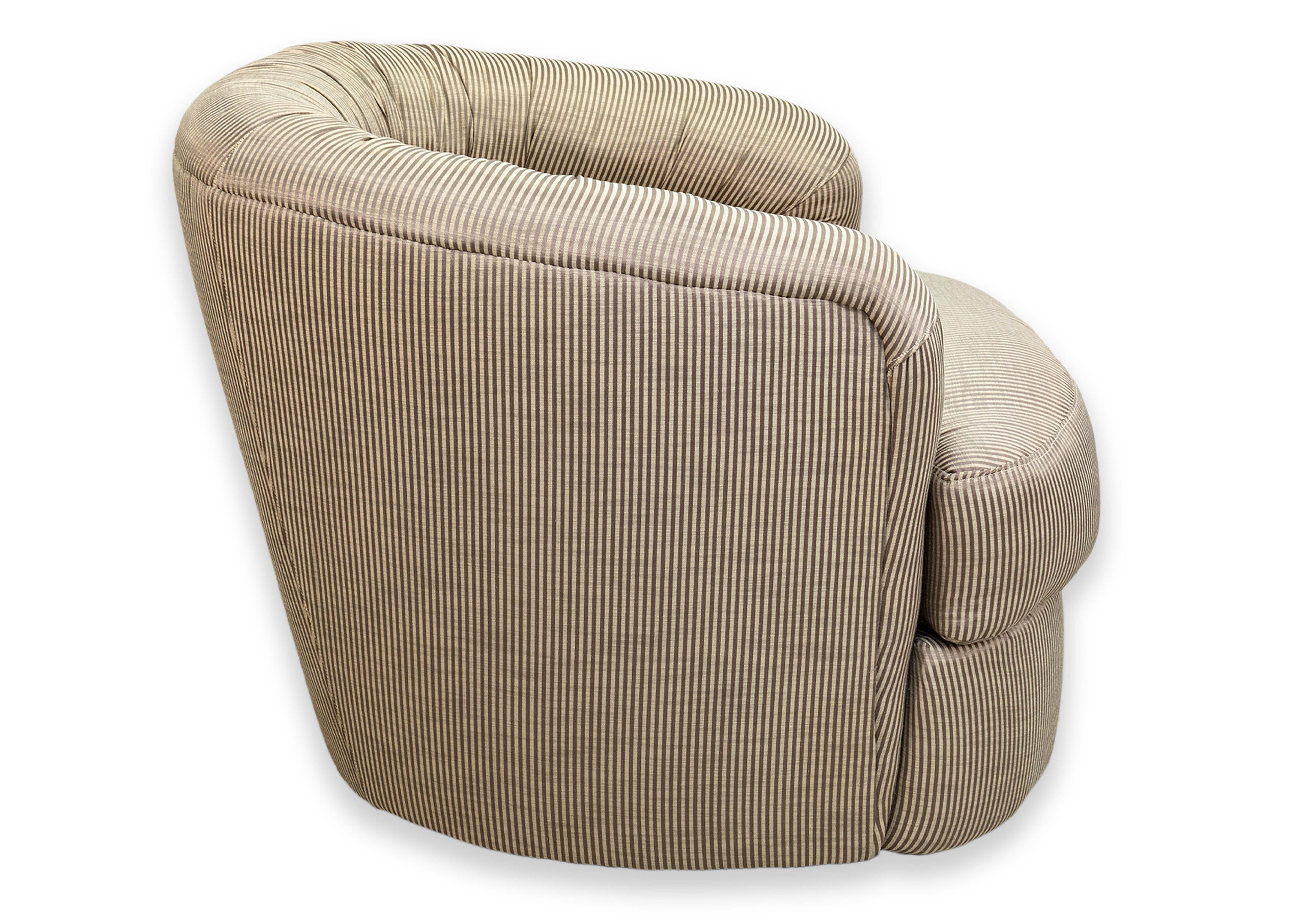 Pair of Vintage Thayer Coggin Swivel Club Chairs with Silk Pinstripe Upholstery For Sale 5