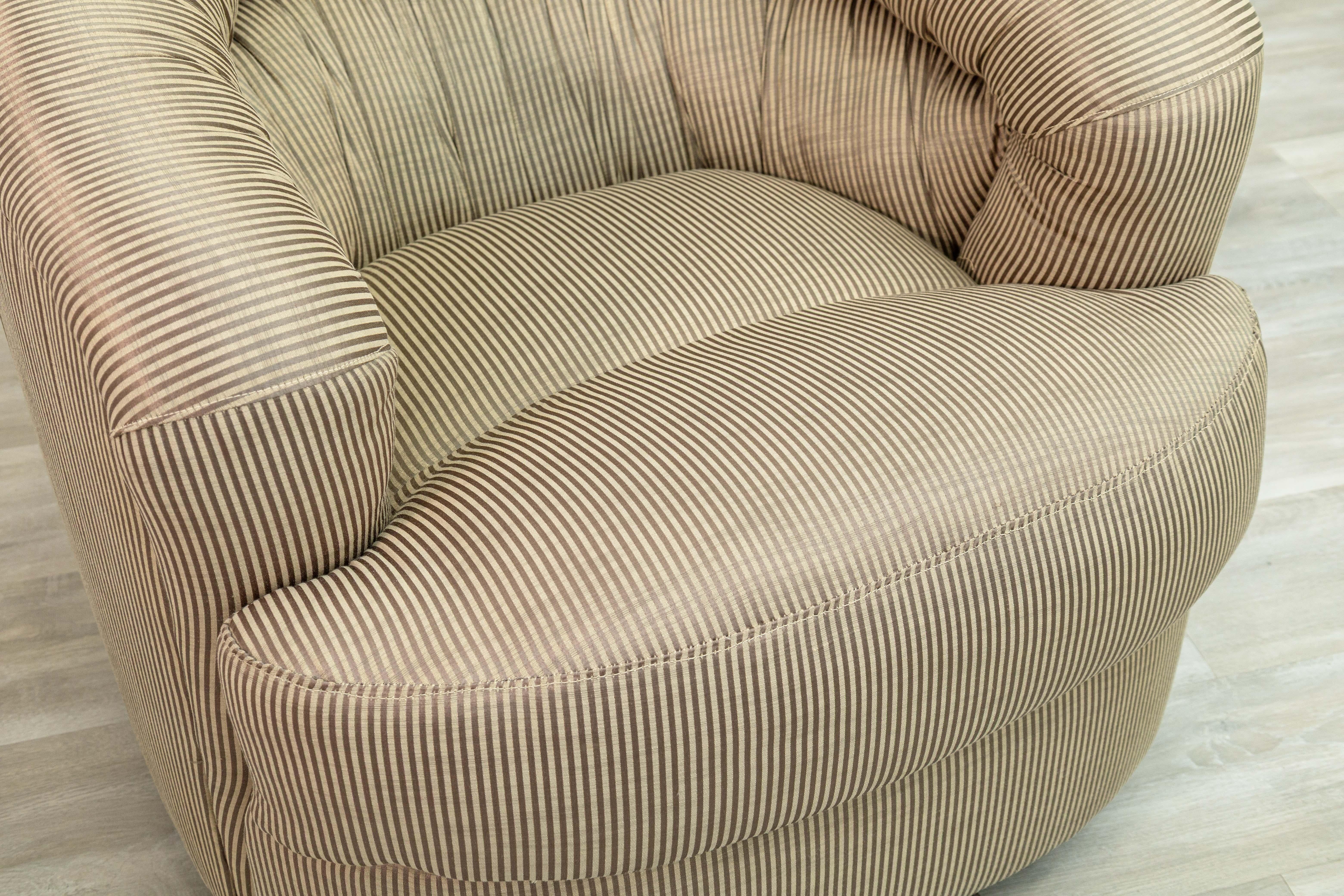 Modern Pair of Vintage Thayer Coggin Swivel Club Chairs with Silk Pinstripe Upholstery For Sale