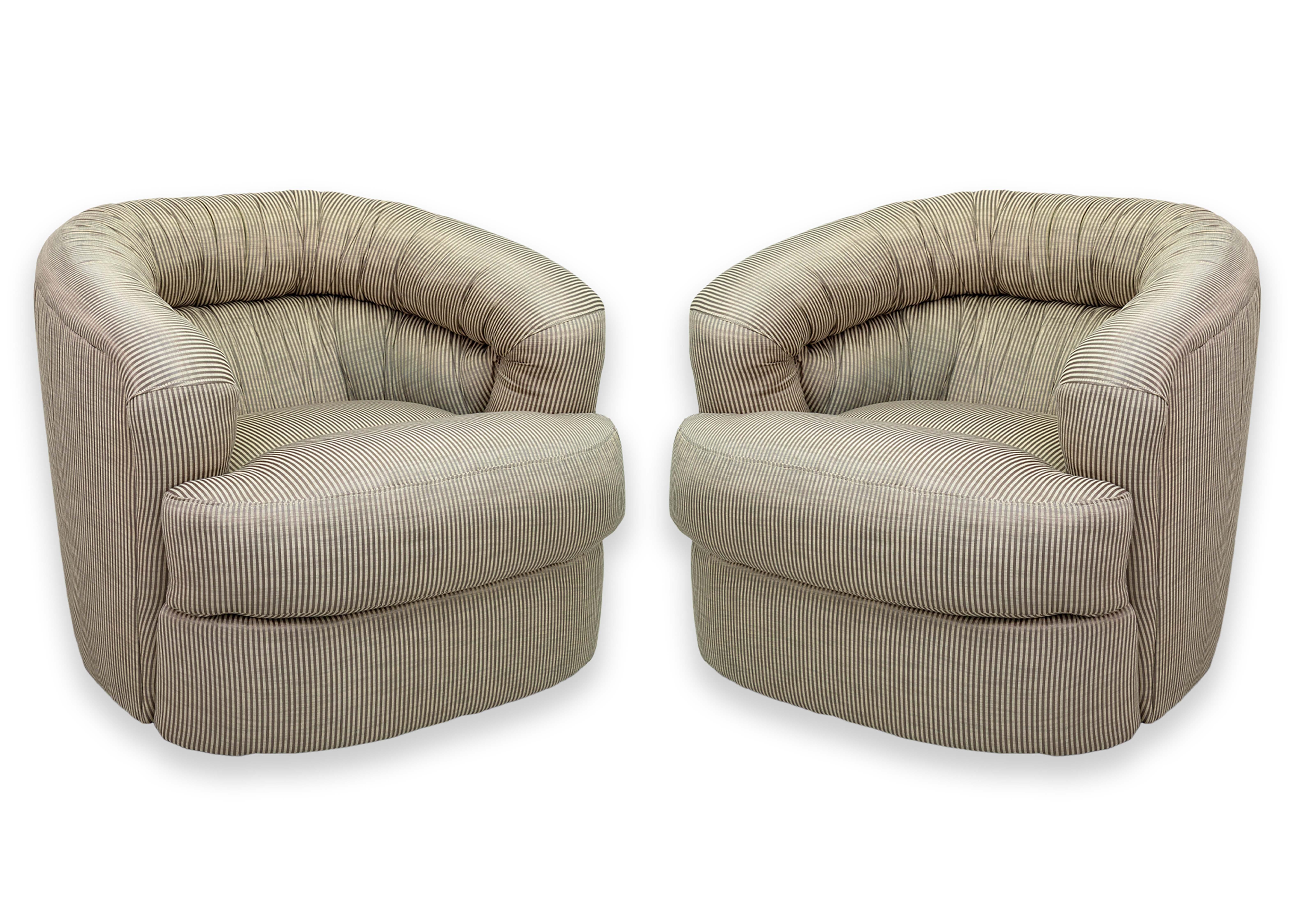 Pair of Vintage Thayer Coggin Swivel Club Chairs with Silk Pinstripe Upholstery For Sale 2