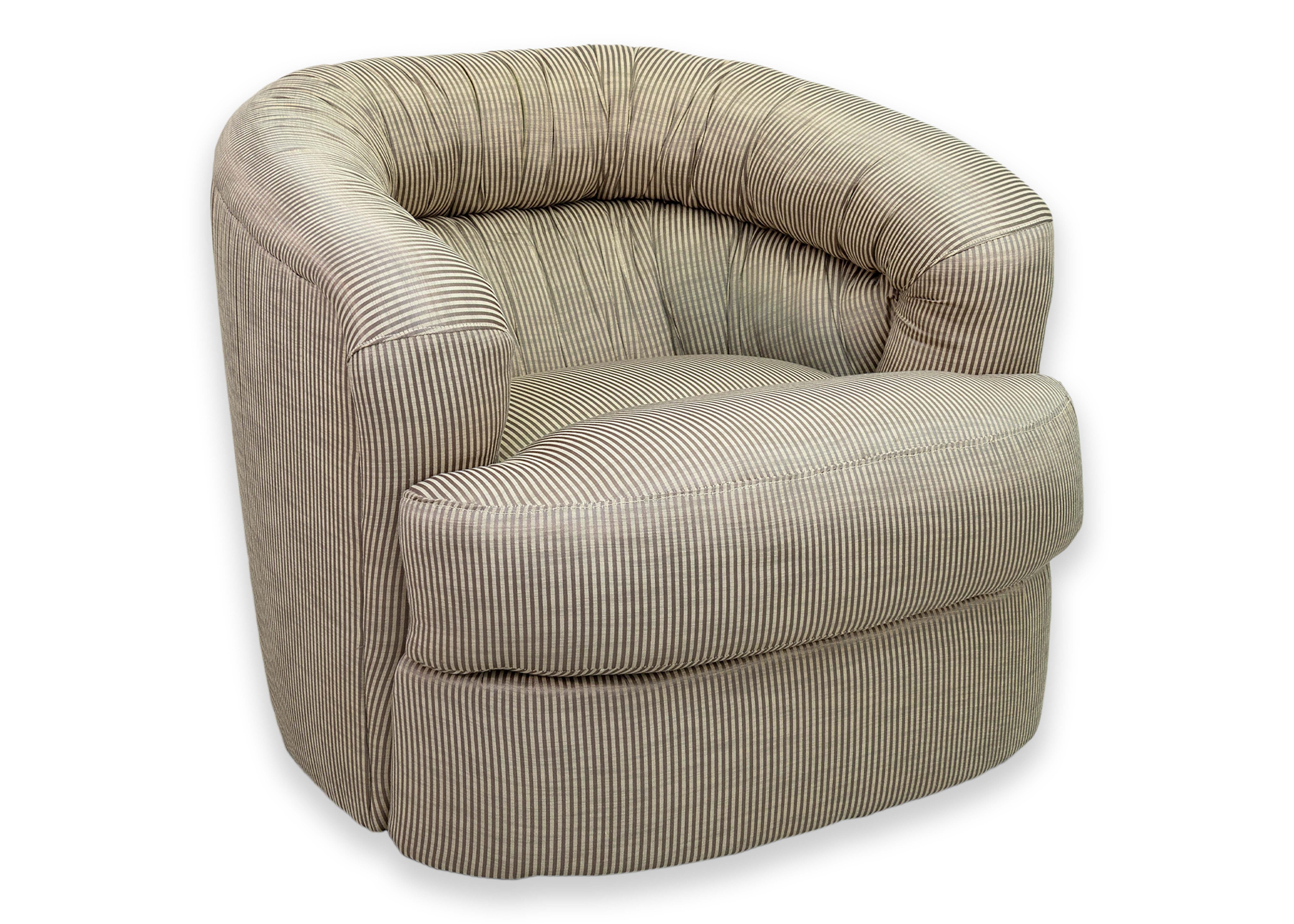 Pair of Vintage Thayer Coggin Swivel Club Chairs with Silk Pinstripe Upholstery For Sale 3