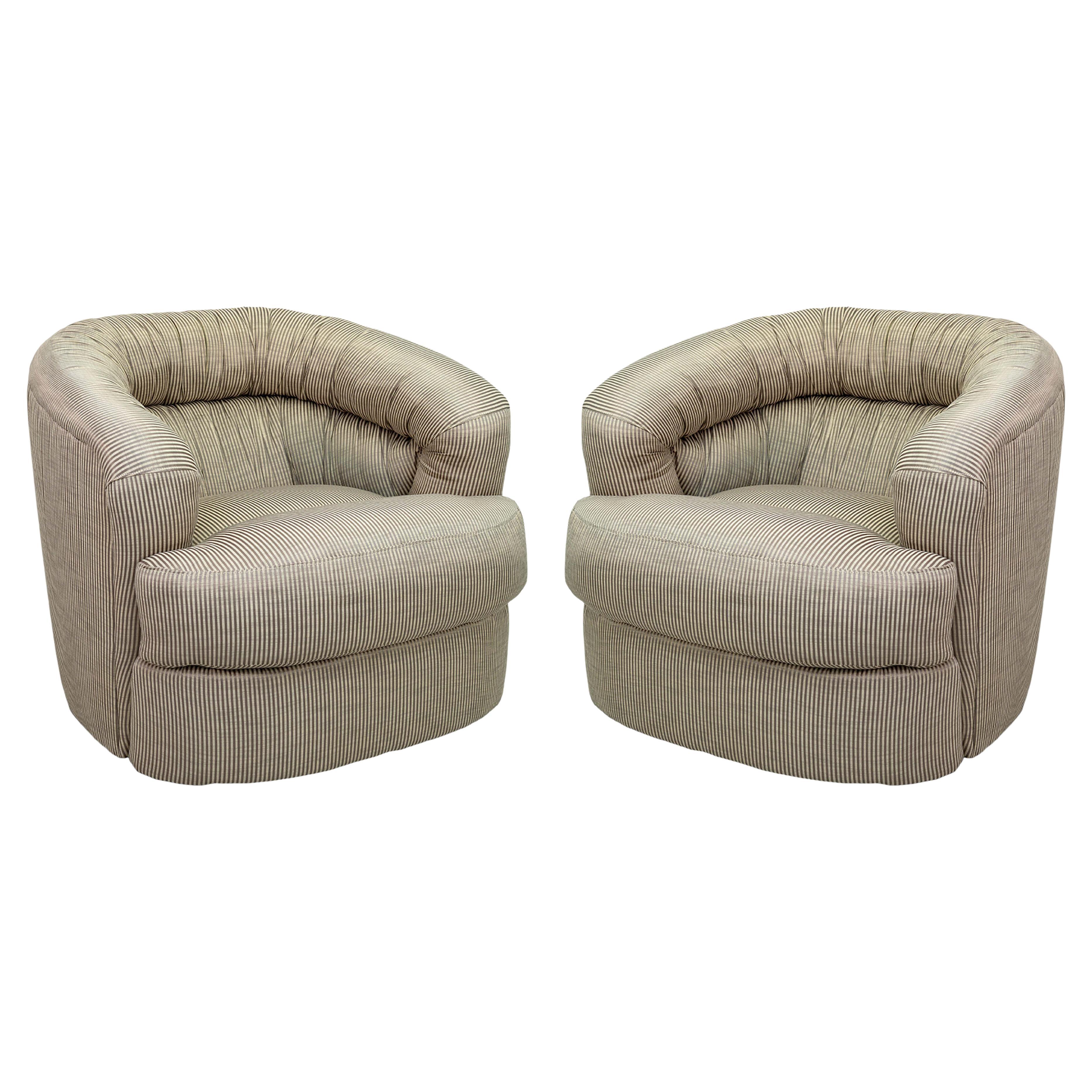 Pair of Vintage Thayer Coggin Swivel Club Chairs with Silk Pinstripe Upholstery