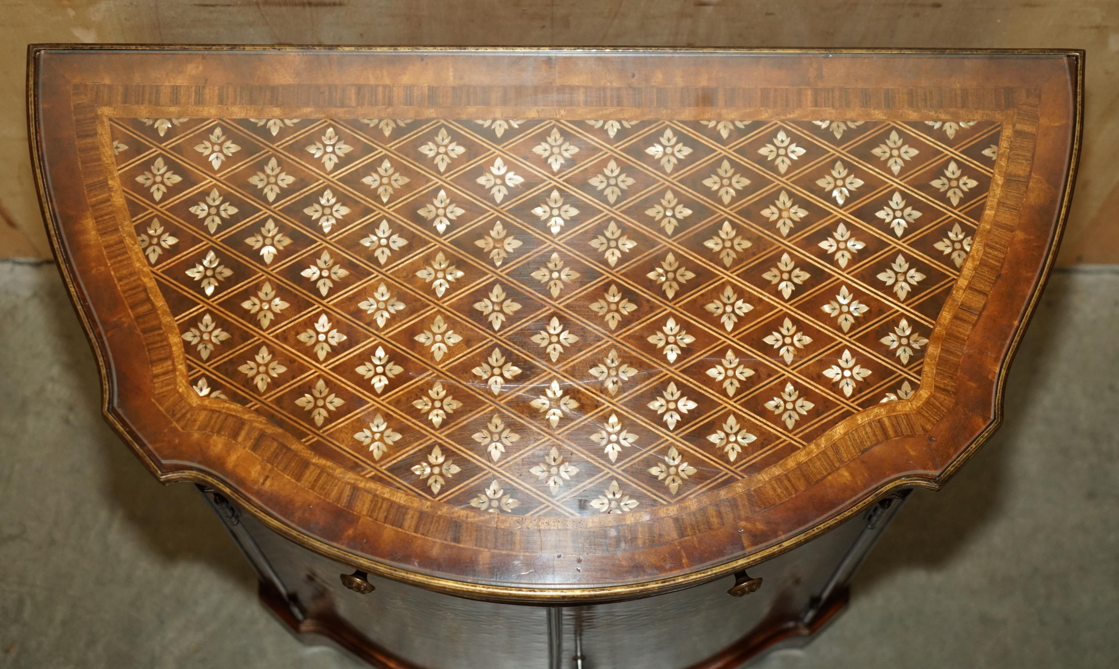 English PAIR OF ViNTAGE THEODORE ALEXANDER MOTHER OF PEARL DEMI LUNE SIDEBOARD CUPBOARDS For Sale