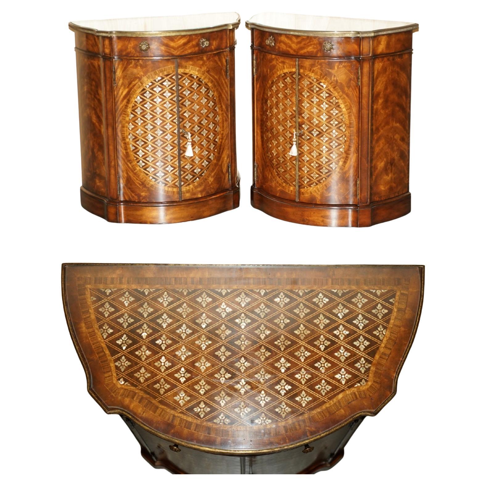 PAIR OF ViNTAGE THEODORE ALEXANDER MOTHER OF PEARL DEMI LUNE SIDEBOARD CUPBOARDS For Sale